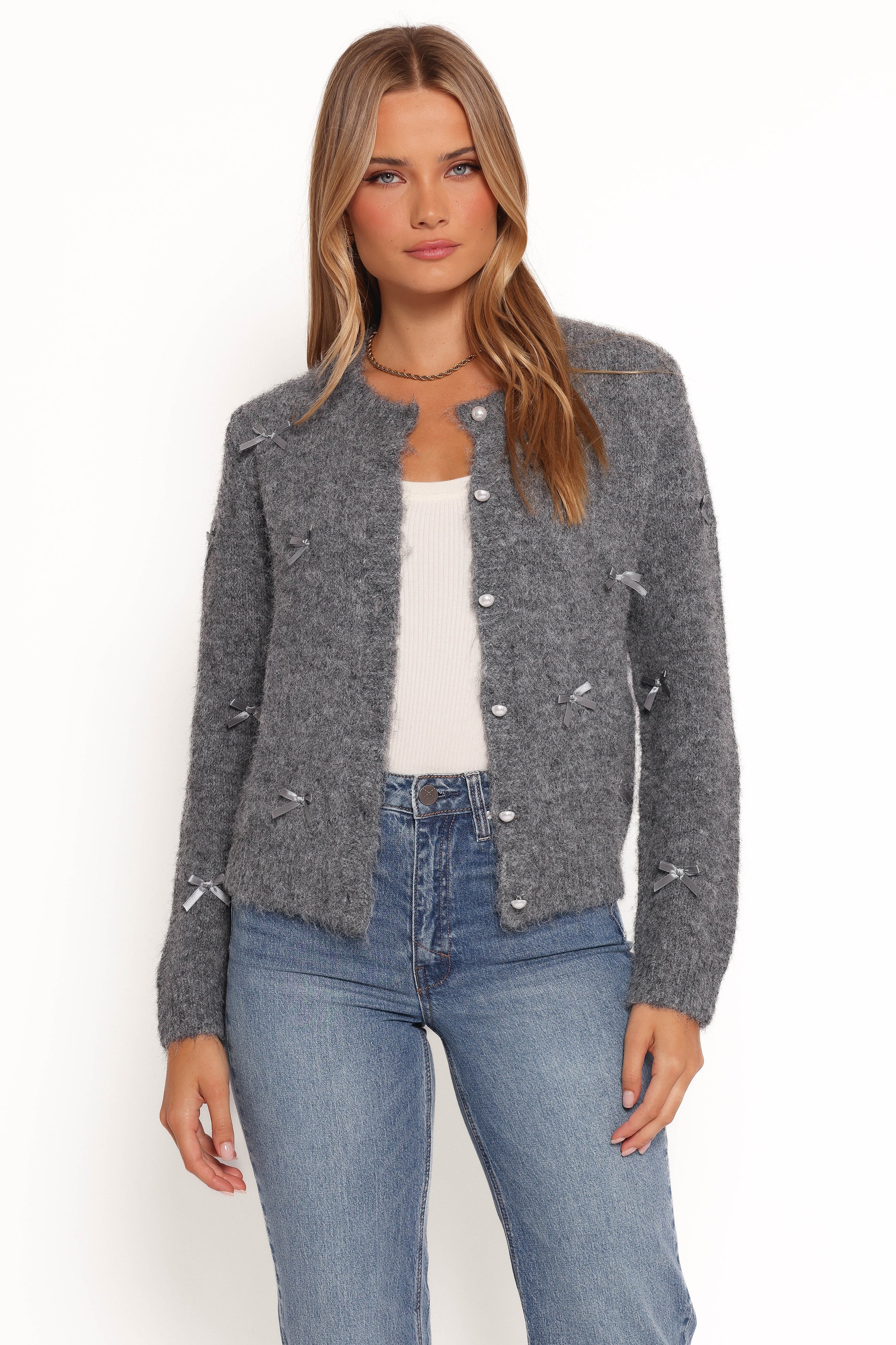 Petal and Pup USA KNITWEAR Mellie All Over Bow Button Front Cardigan - Grey