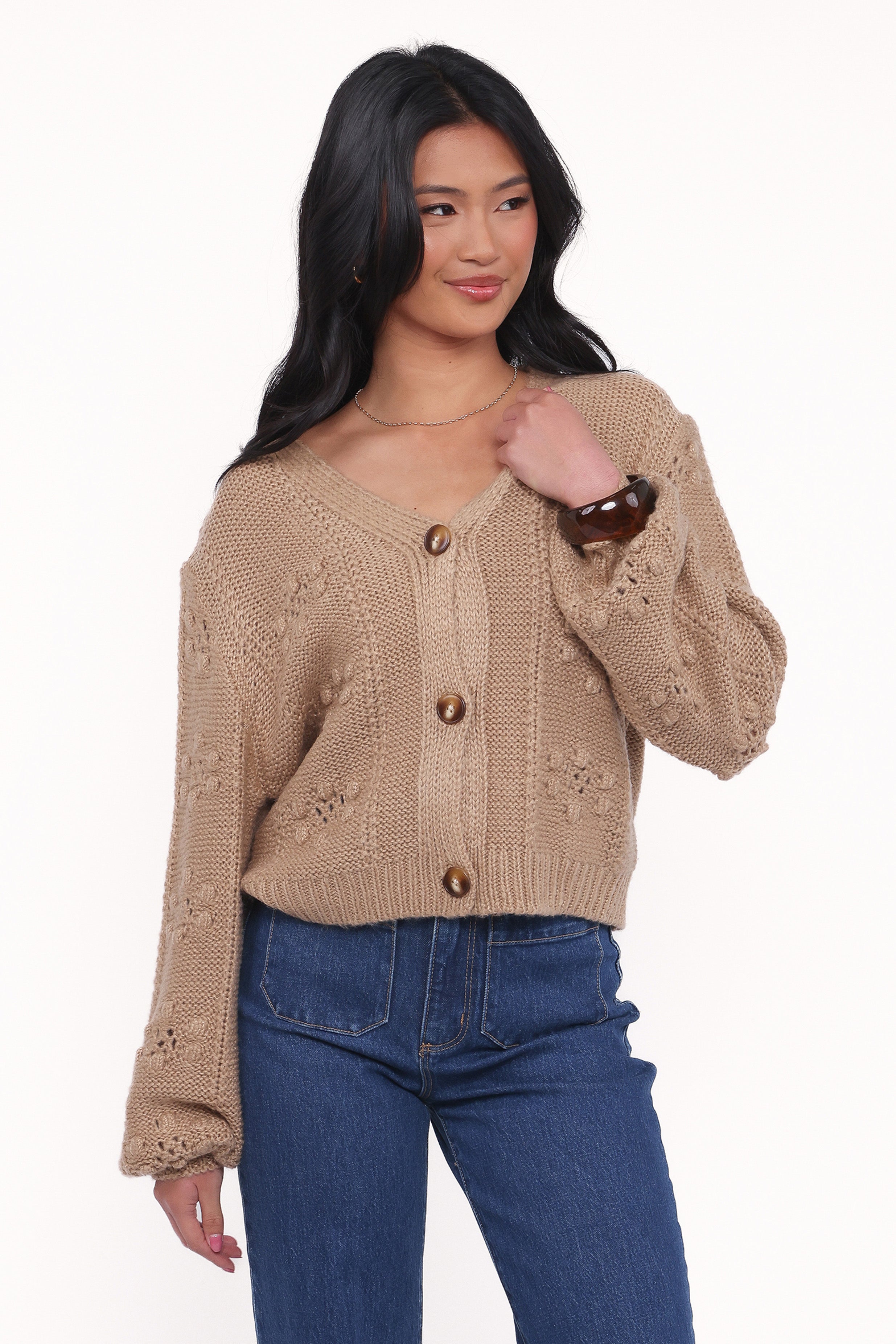 Petal and Pup USA KNITWEAR Melody Textured Button Up Cardigan - Mushroom
