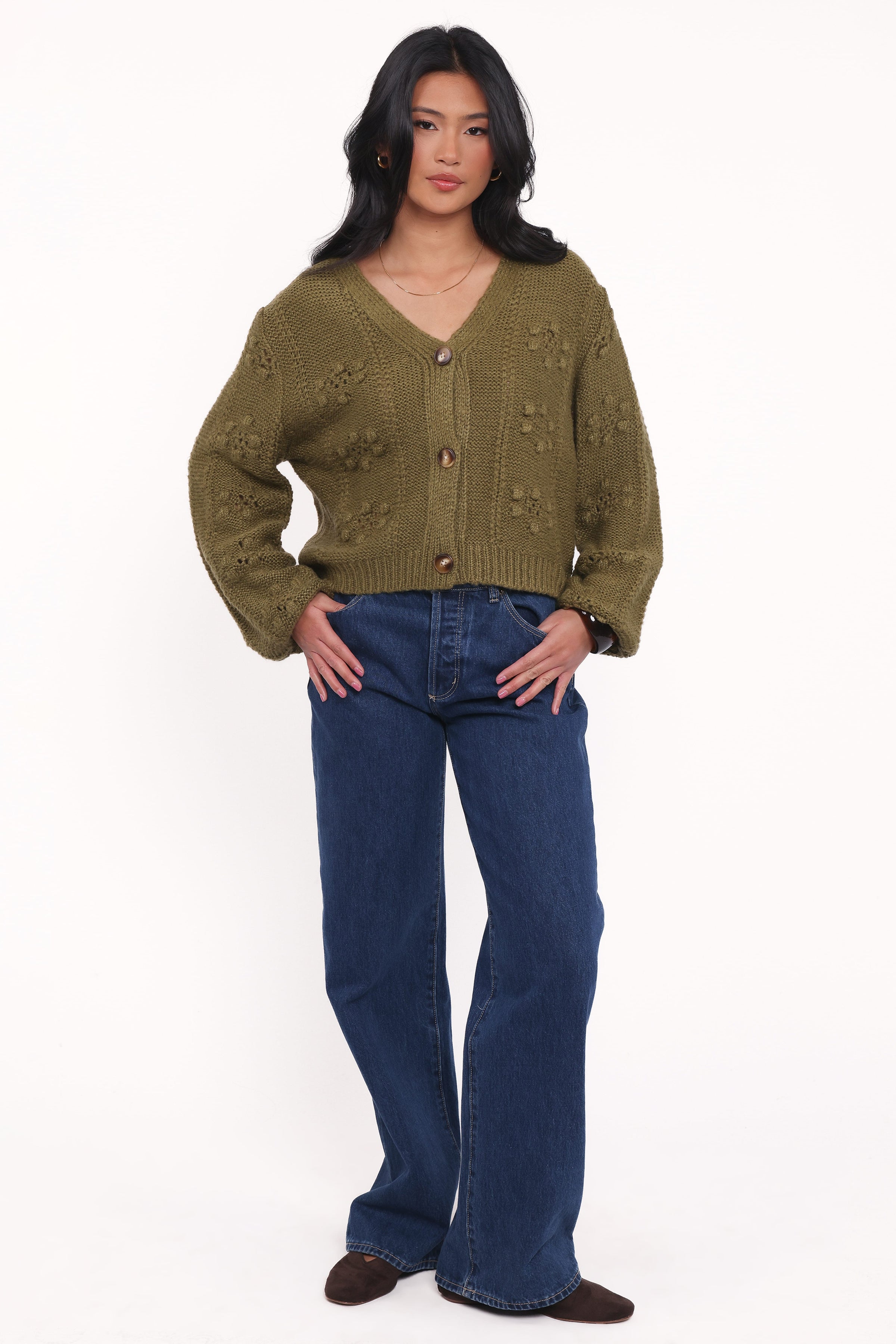 Petal and Pup USA KNITWEAR Melody Textured Button Up Cardigan - Olive