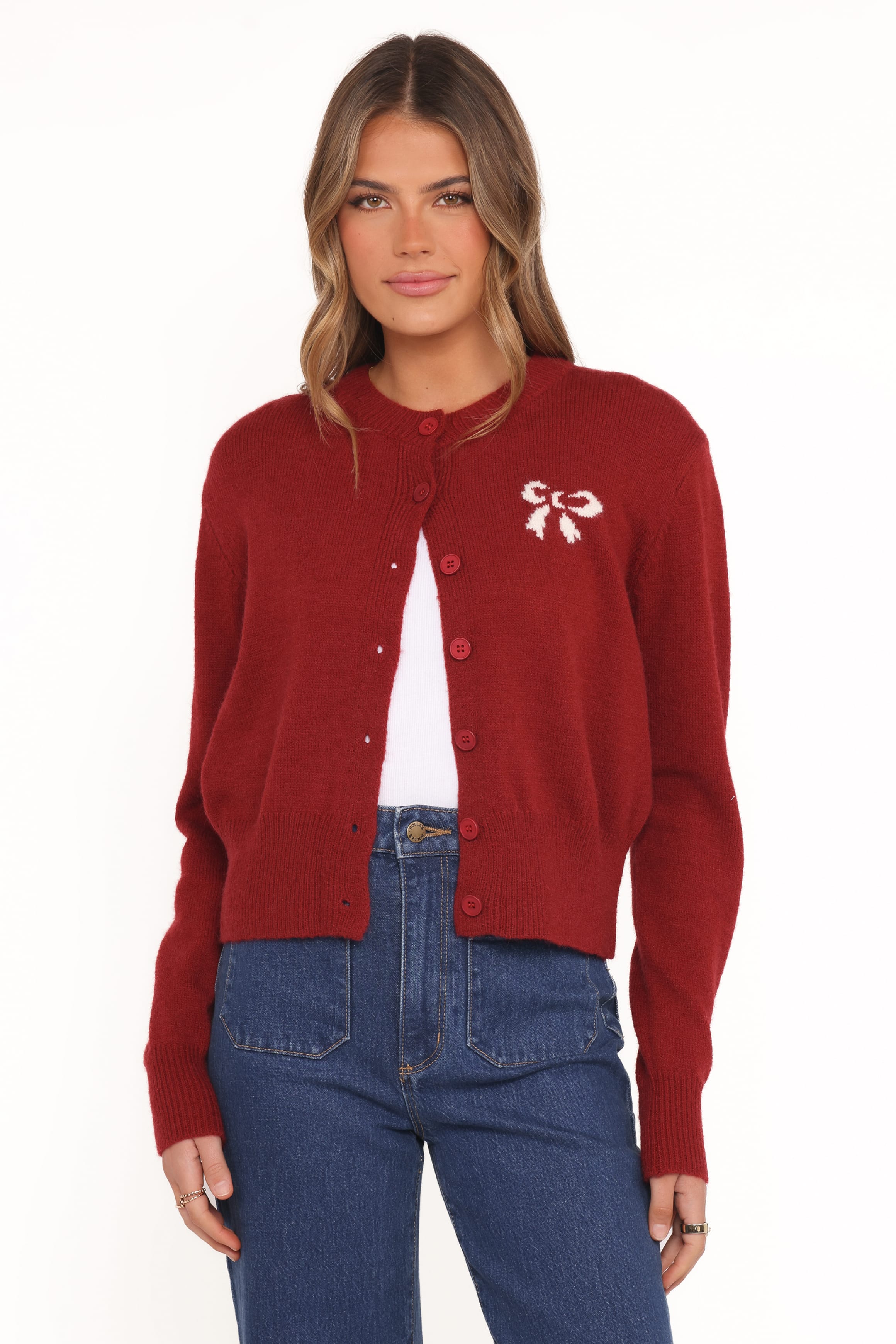 Petal and Pup USA KNITWEAR Middleton Mini Bow Cardigan - Wine