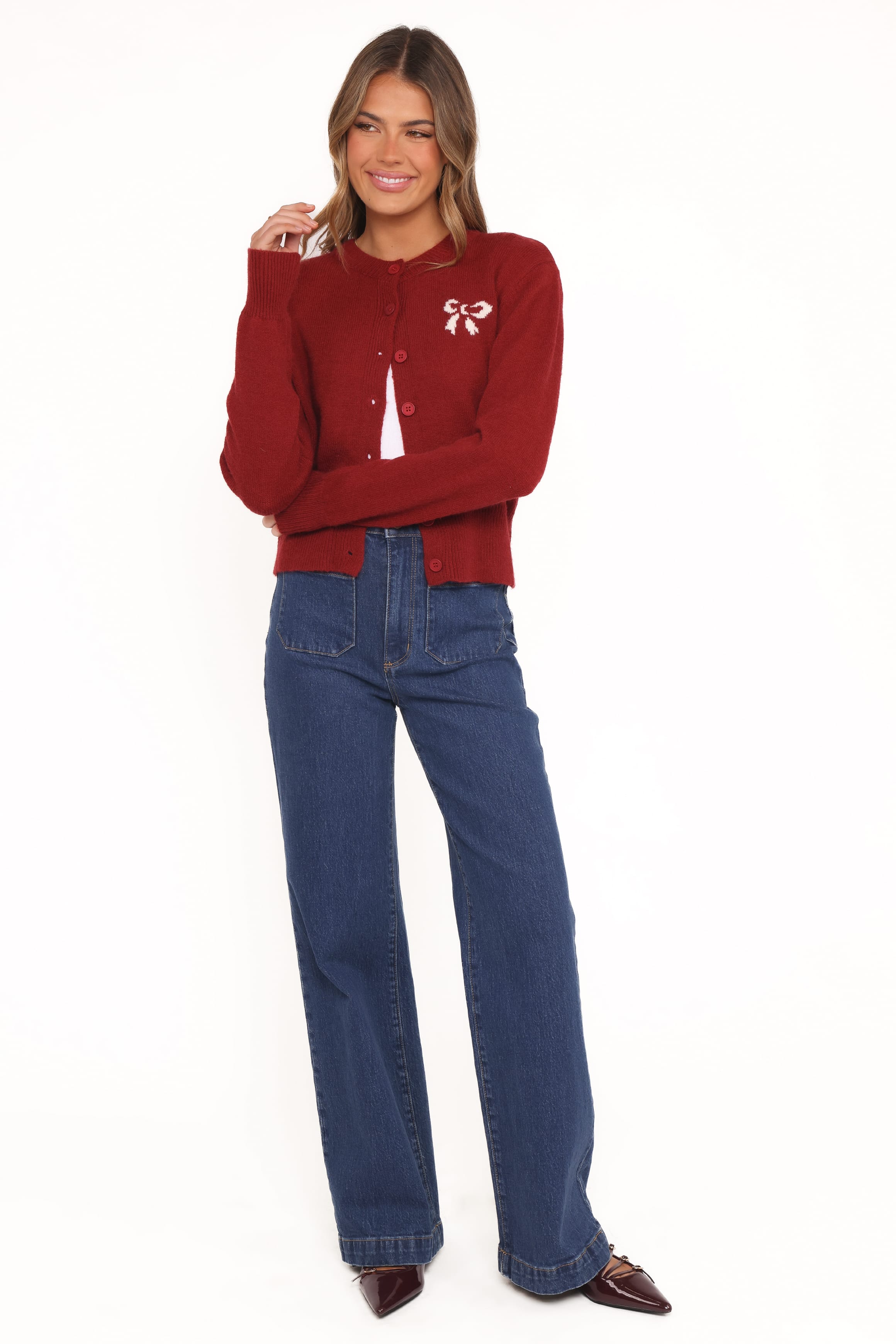 Petal and Pup USA KNITWEAR Middleton Mini Bow Cardigan - Wine