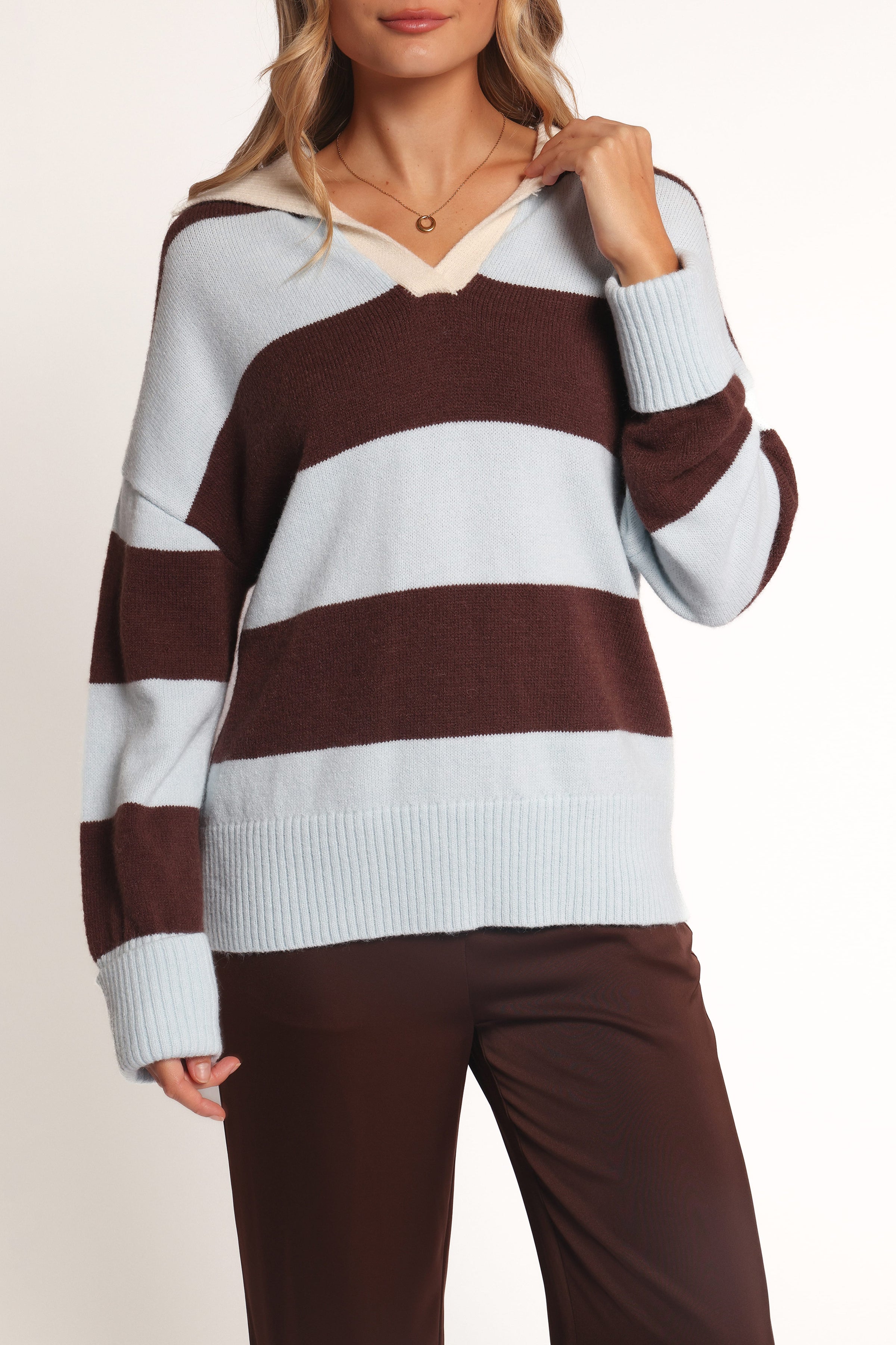 Petal and Pup USA KNITWEAR Mikaela Rugby Stripe Knit Sweater - Brown/Blue Stripe