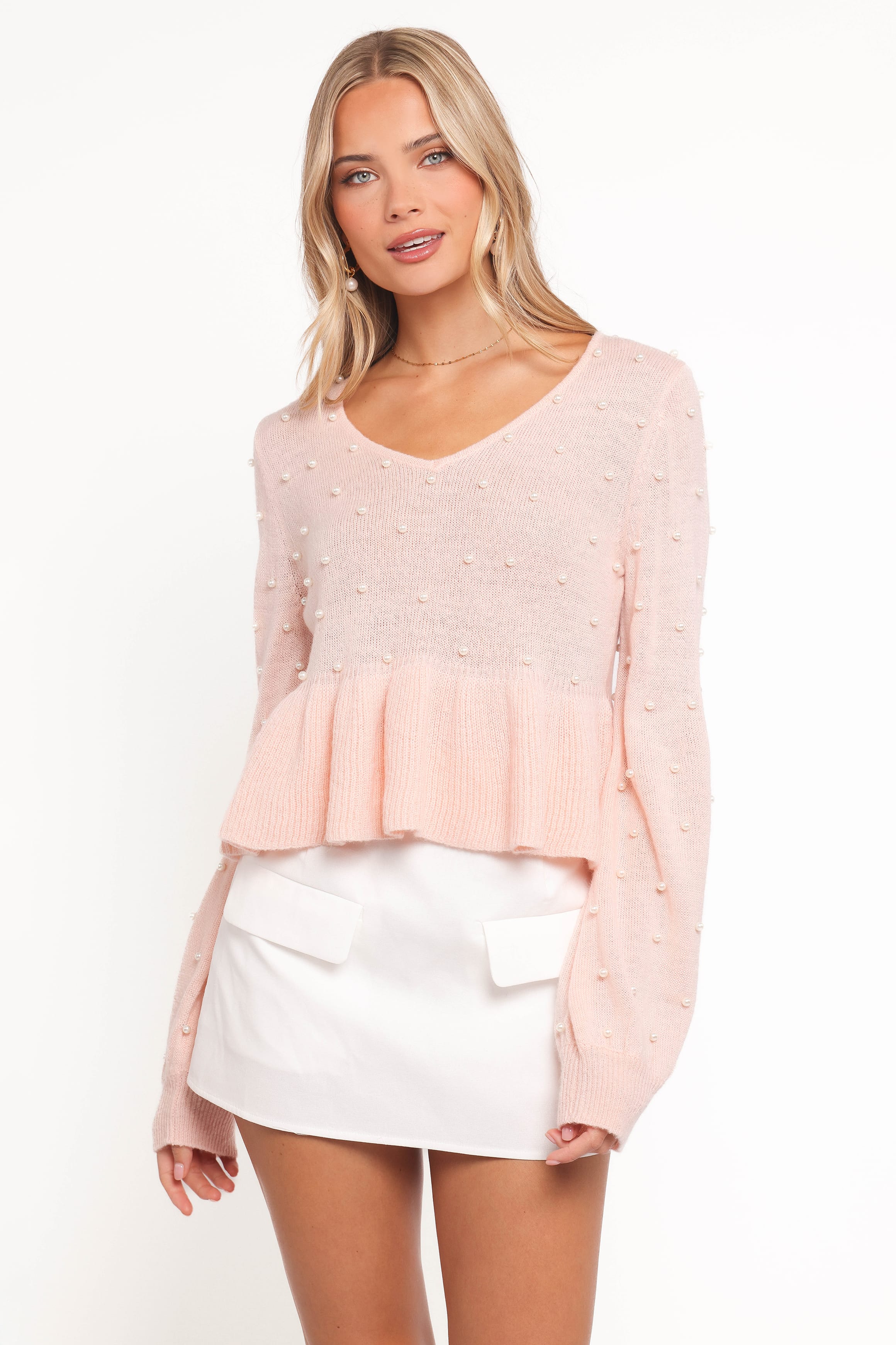 Molly Pearl Peplum Knit Sweater - Light Pink | Petal & Pup USA