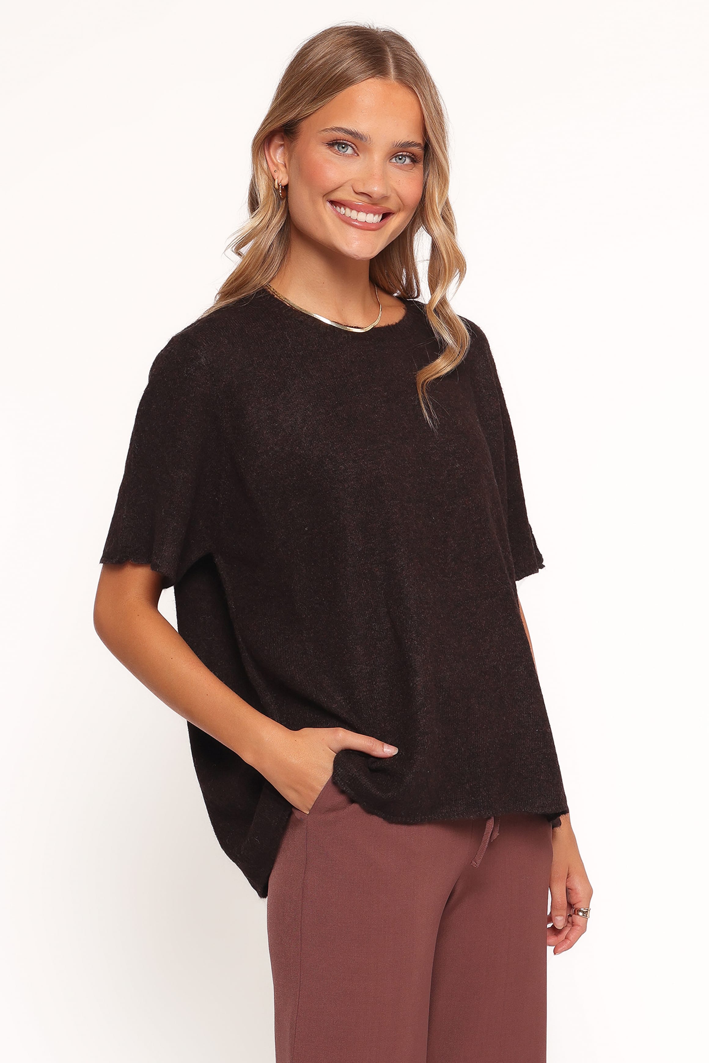 Petal and Pup USA KNITWEAR Morris Short Sleeve Oversized Sweater Tee - Dark Chocolate