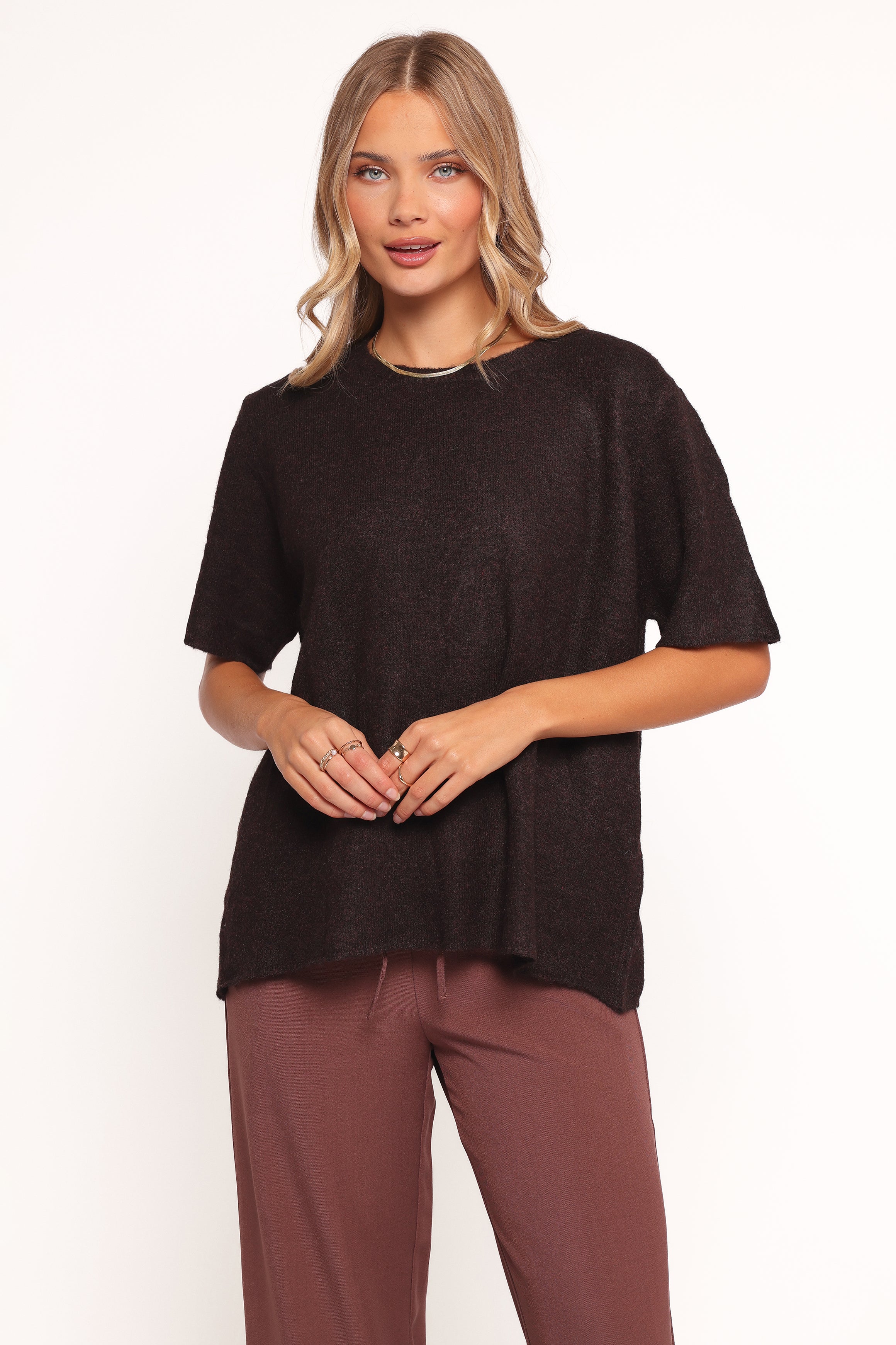 Petal and Pup USA KNITWEAR Morris Short Sleeve Oversized Sweater Tee - Dark Chocolate