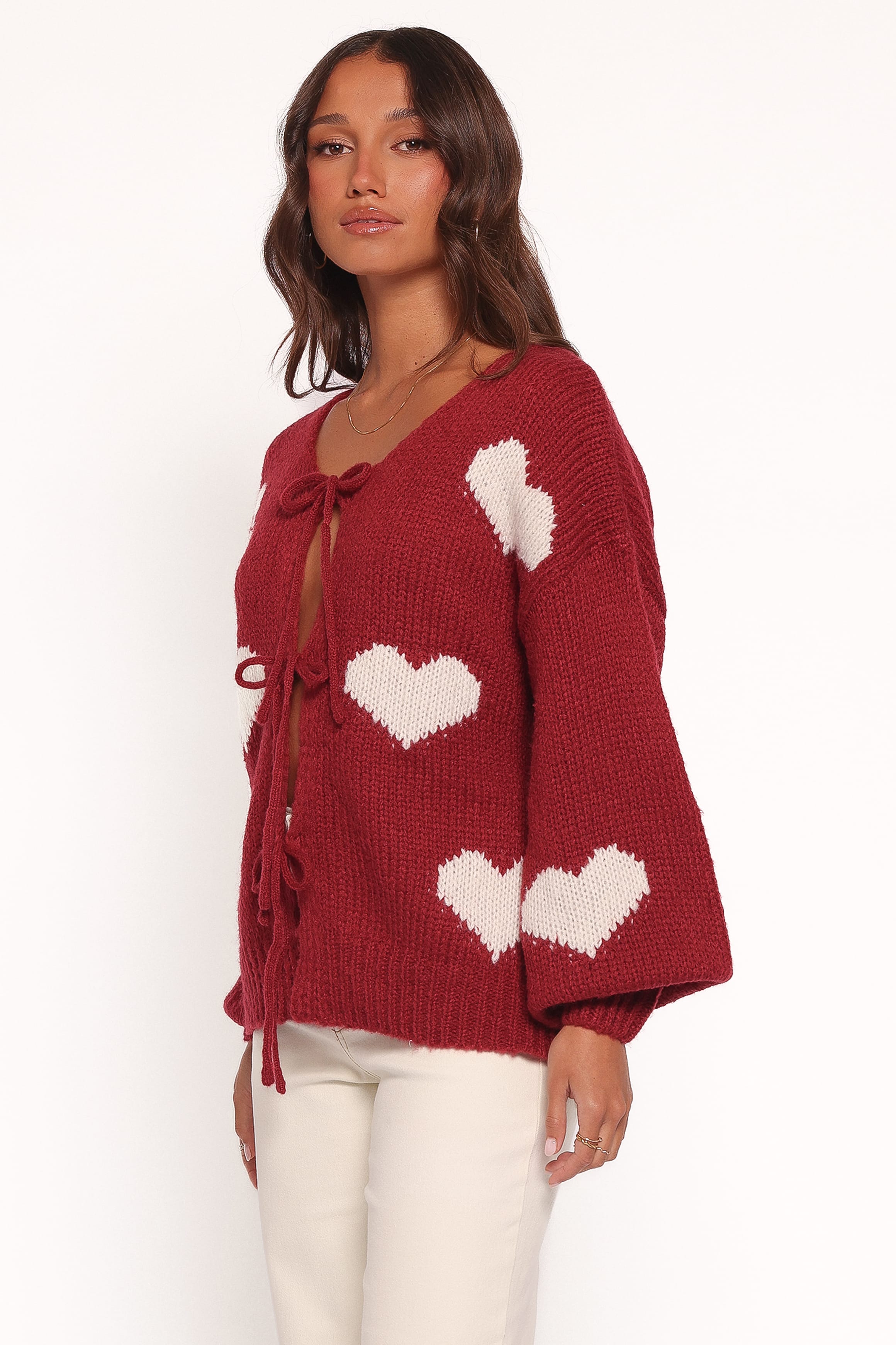 Petal and Pup USA KNITWEAR Nadine All Over Heart Tie Front Cardigan - Wine