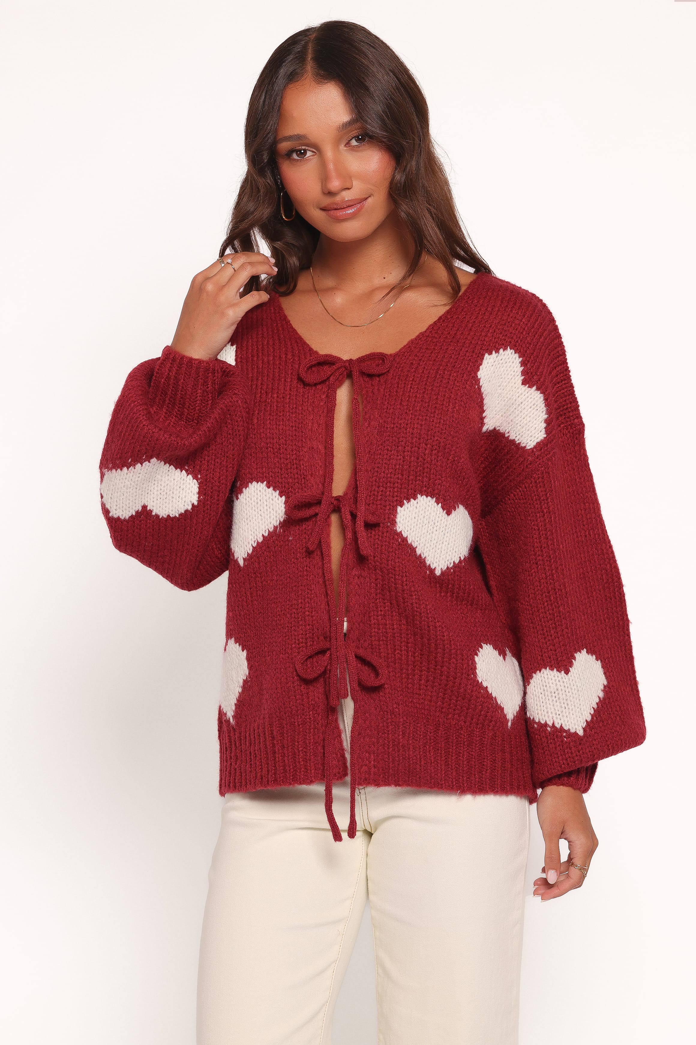 Nadine All Over Heart Tie Front Cardigan - Wine | Petal & Pup USA