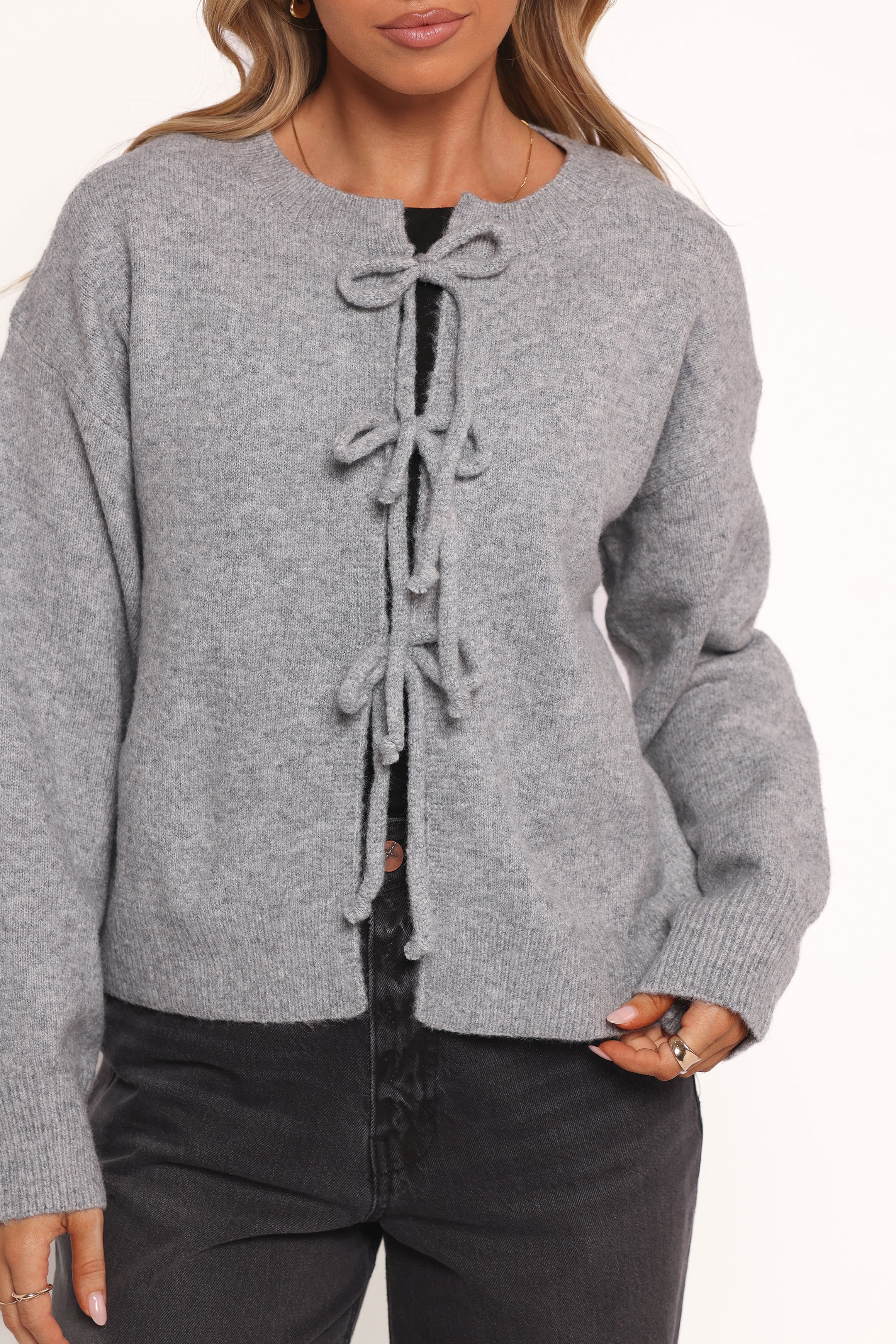 Petal and Pup USA KNITWEAR Neri Bow Tie Front Cardigan - Grey