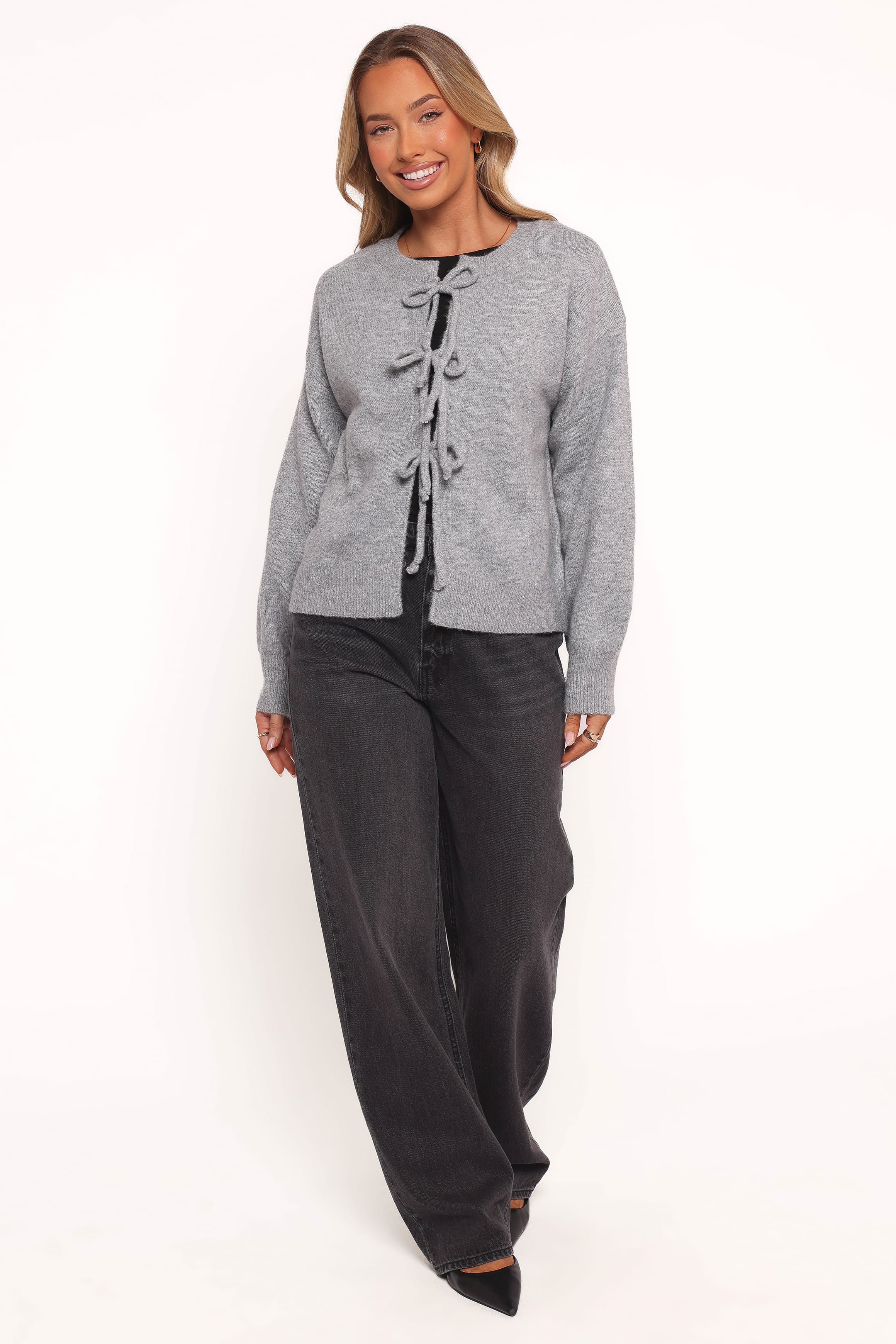 Petal and Pup USA KNITWEAR Neri Bow Tie Front Cardigan - Grey