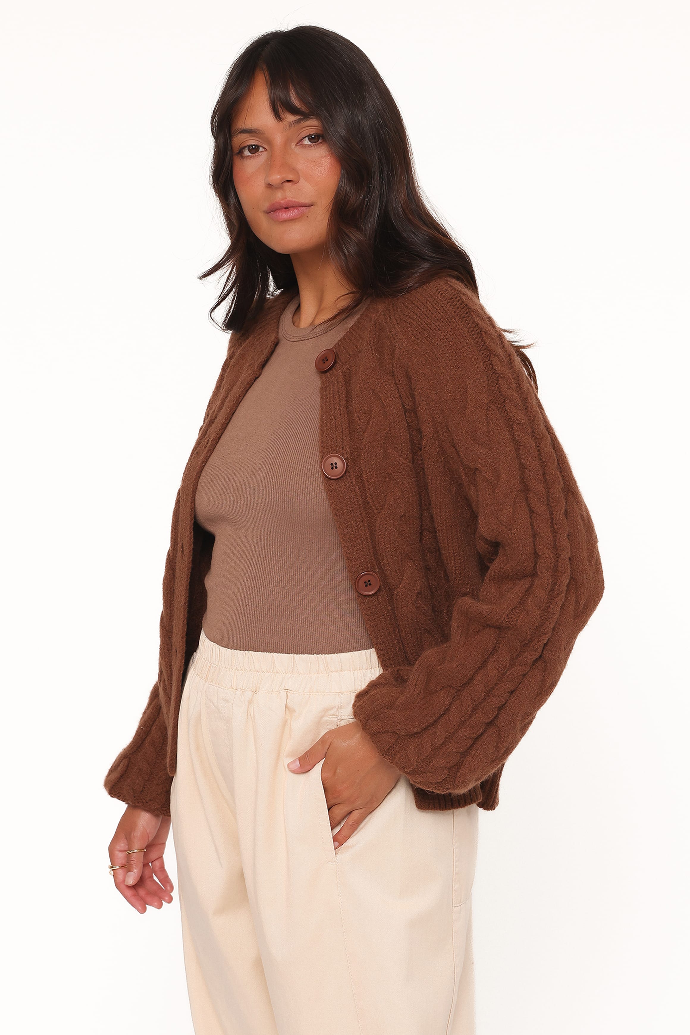 Petal and Pup USA KNITWEAR Nika Cable Knit Cardigan - Brown