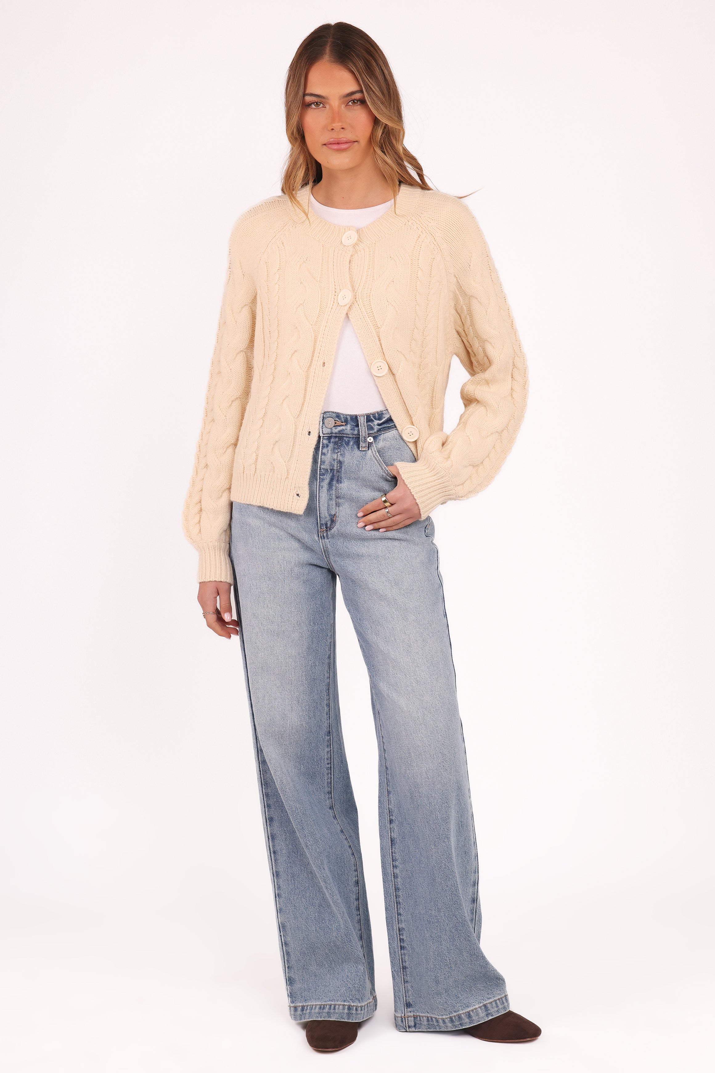 Petal and Pup USA KNITWEAR Nika Cable Knit Cardigan - Taupe