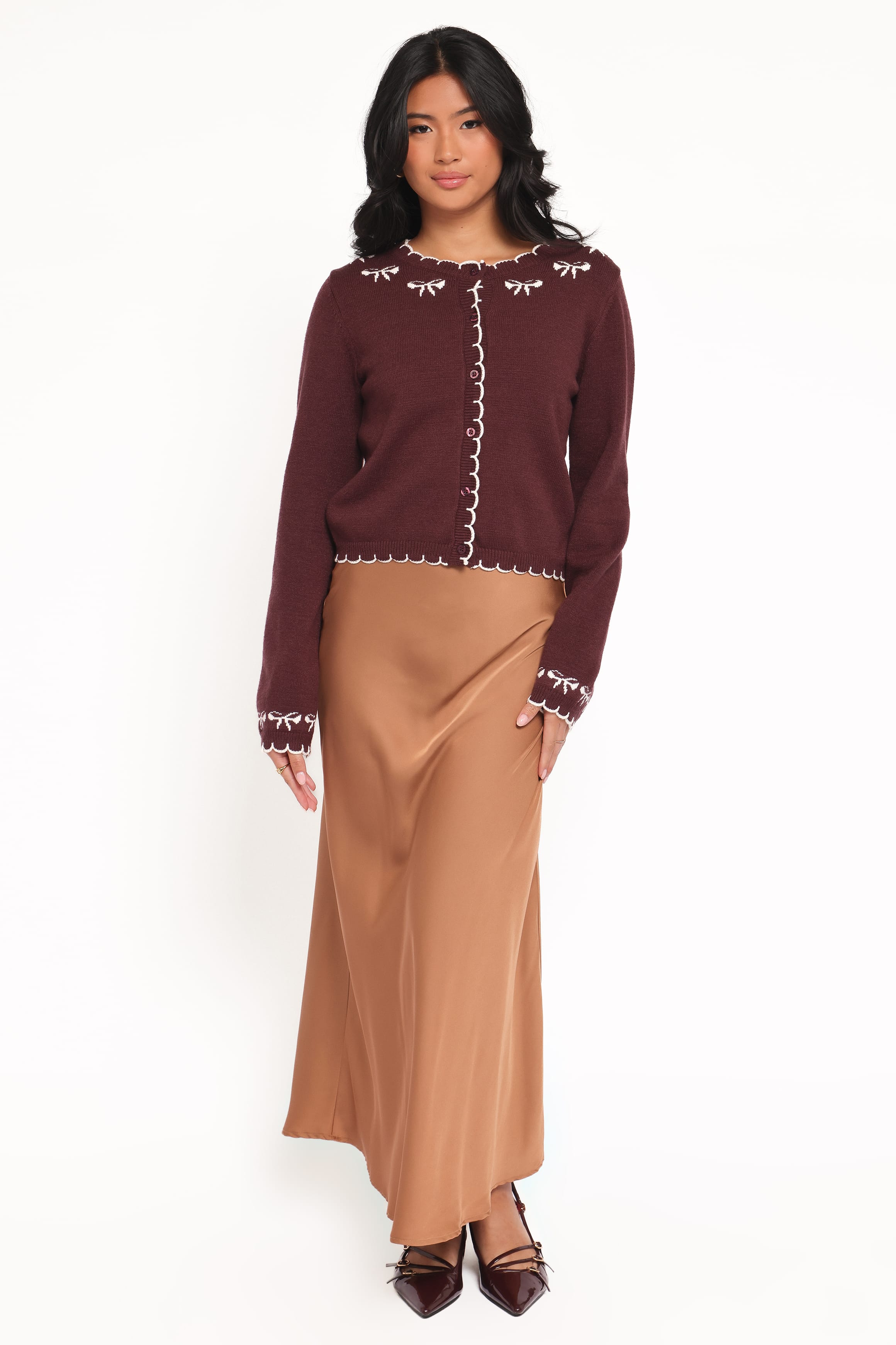 Petal and Pup USA KNITWEAR Payton Bow Scallop Cardigan - Plum