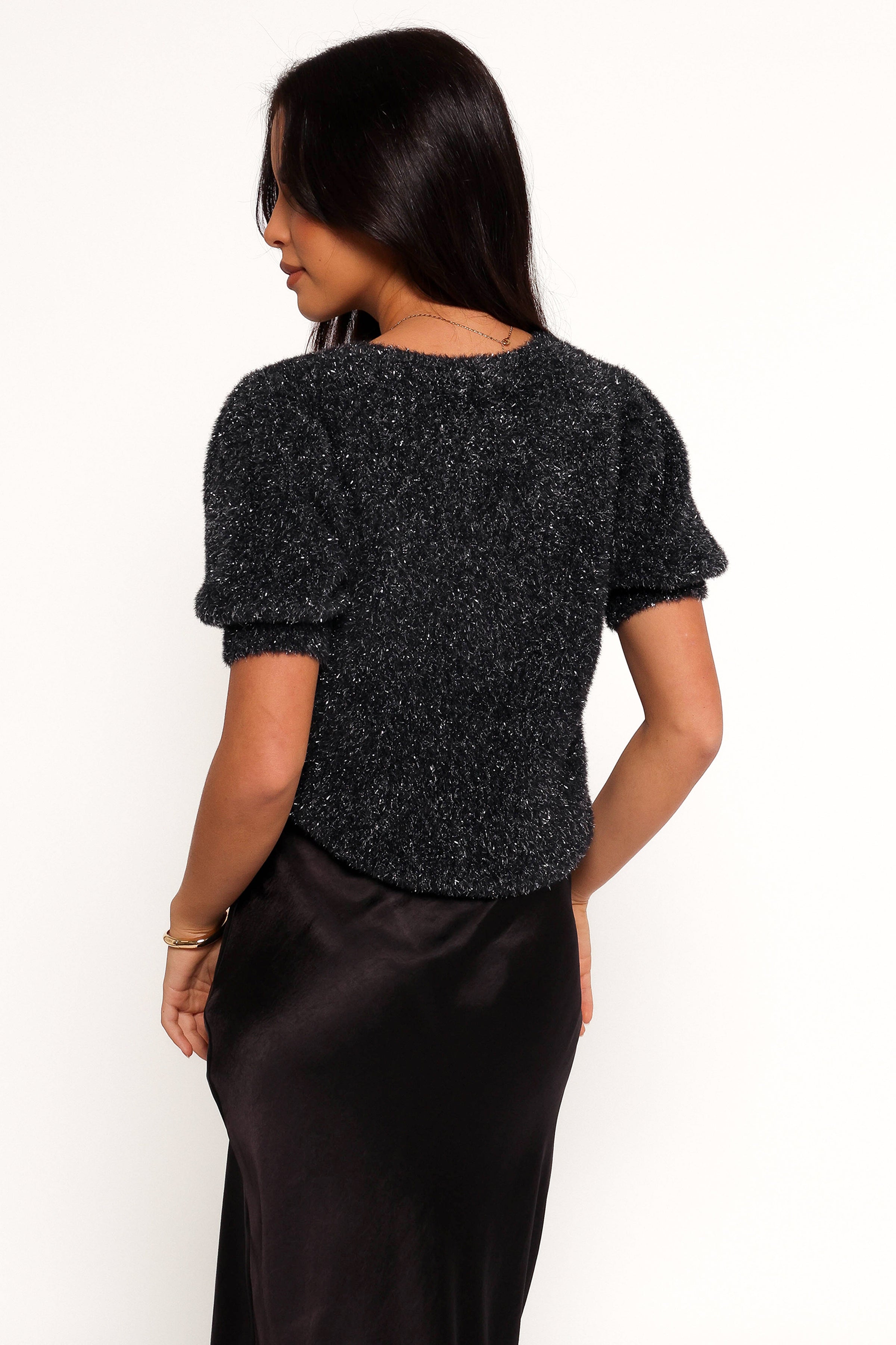 Petal and Pup USA KNITWEAR Reba Short Sleeve Lurex Crew Knit Sweater - Navy (Hold for Rack)