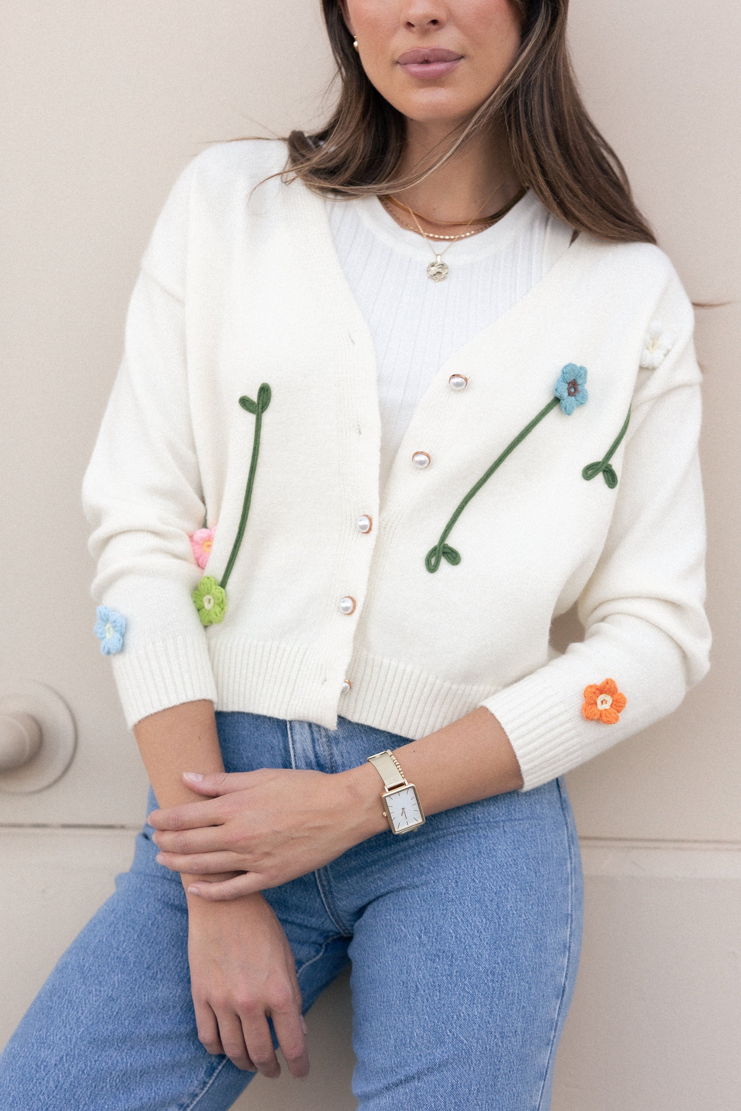 Petal and Pup USA KNITWEAR Reign Flower Cardigan - Cream