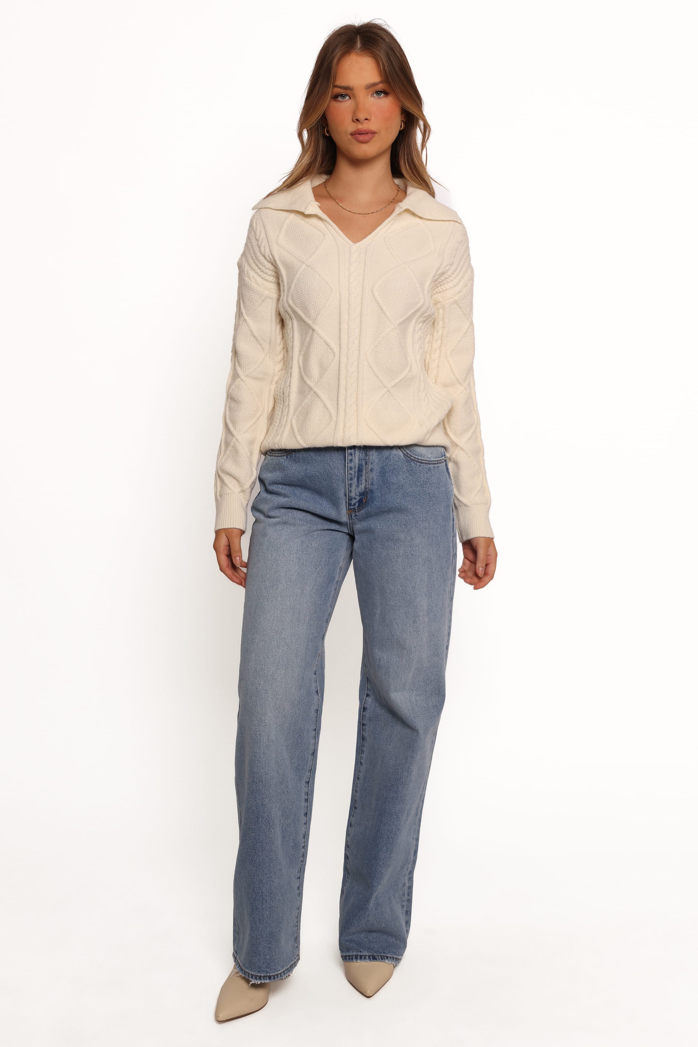 Petal and Pup USA KNITWEAR Robbie Collar Neck Cable Knit Sweater - Cream