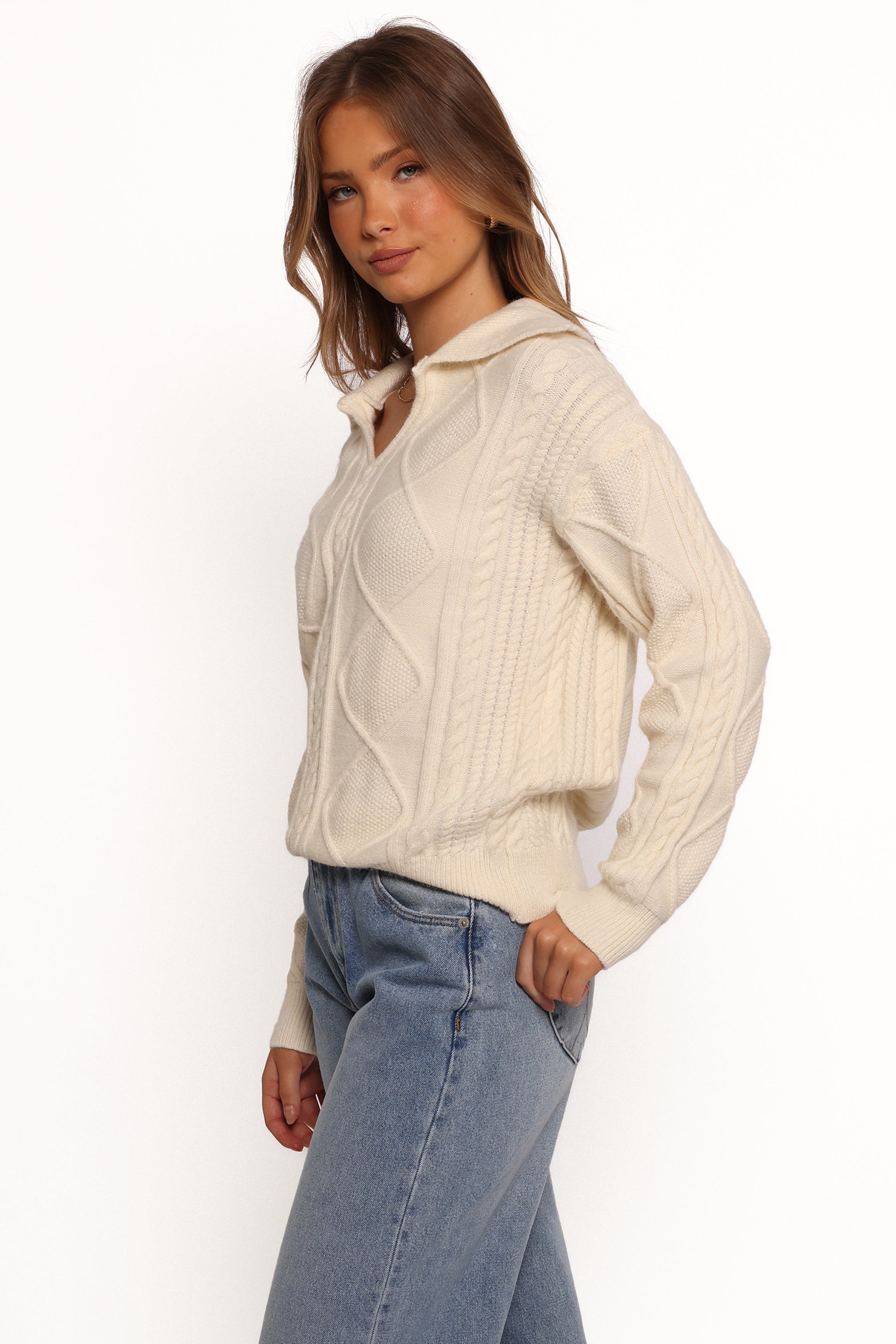 Petal and Pup USA KNITWEAR Robbie Collar Neck Cable Knit Sweater - Cream