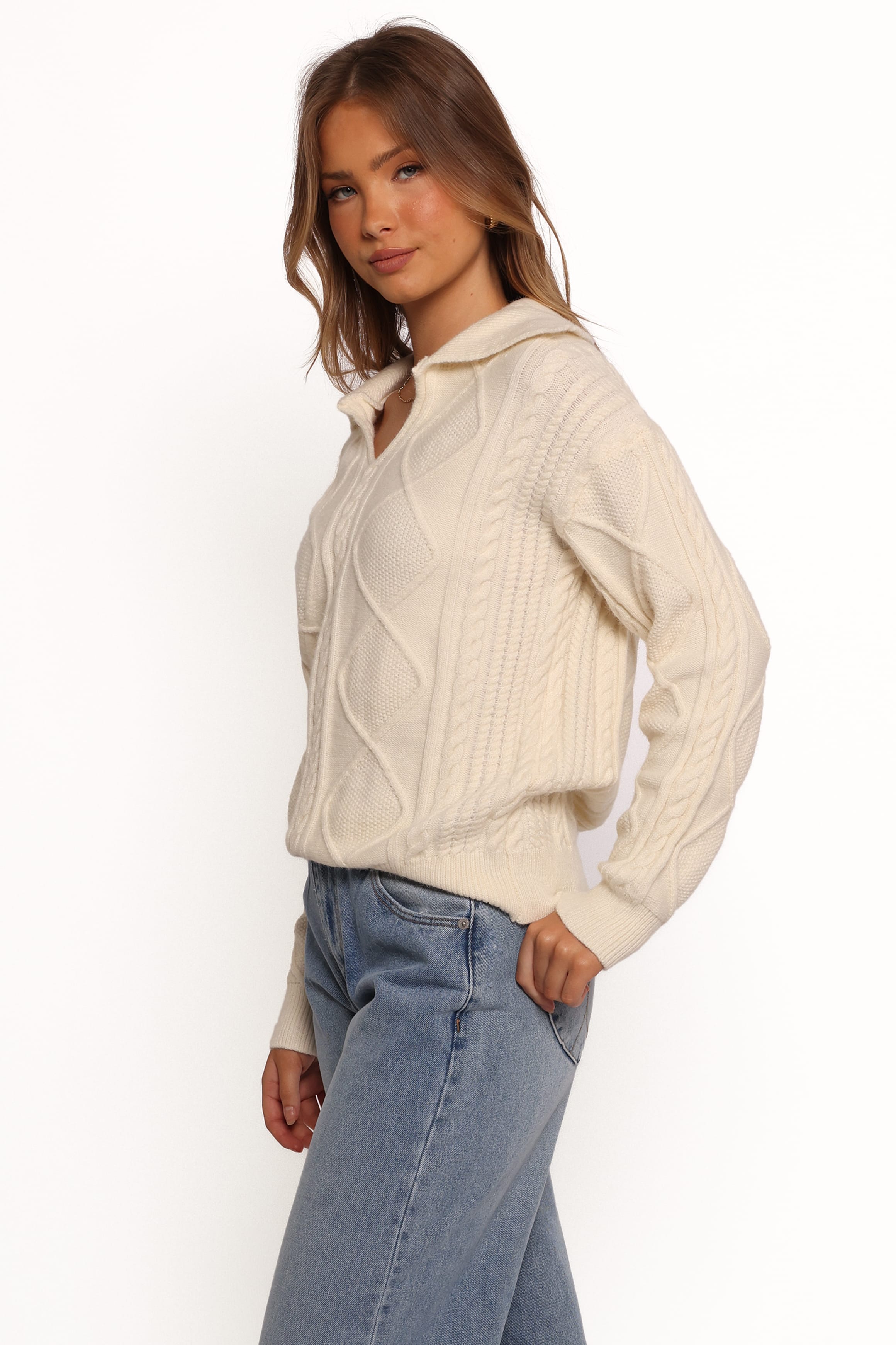 Petal and Pup USA KNITWEAR Robbie Collar Neck Cable Knit Sweater - Cream