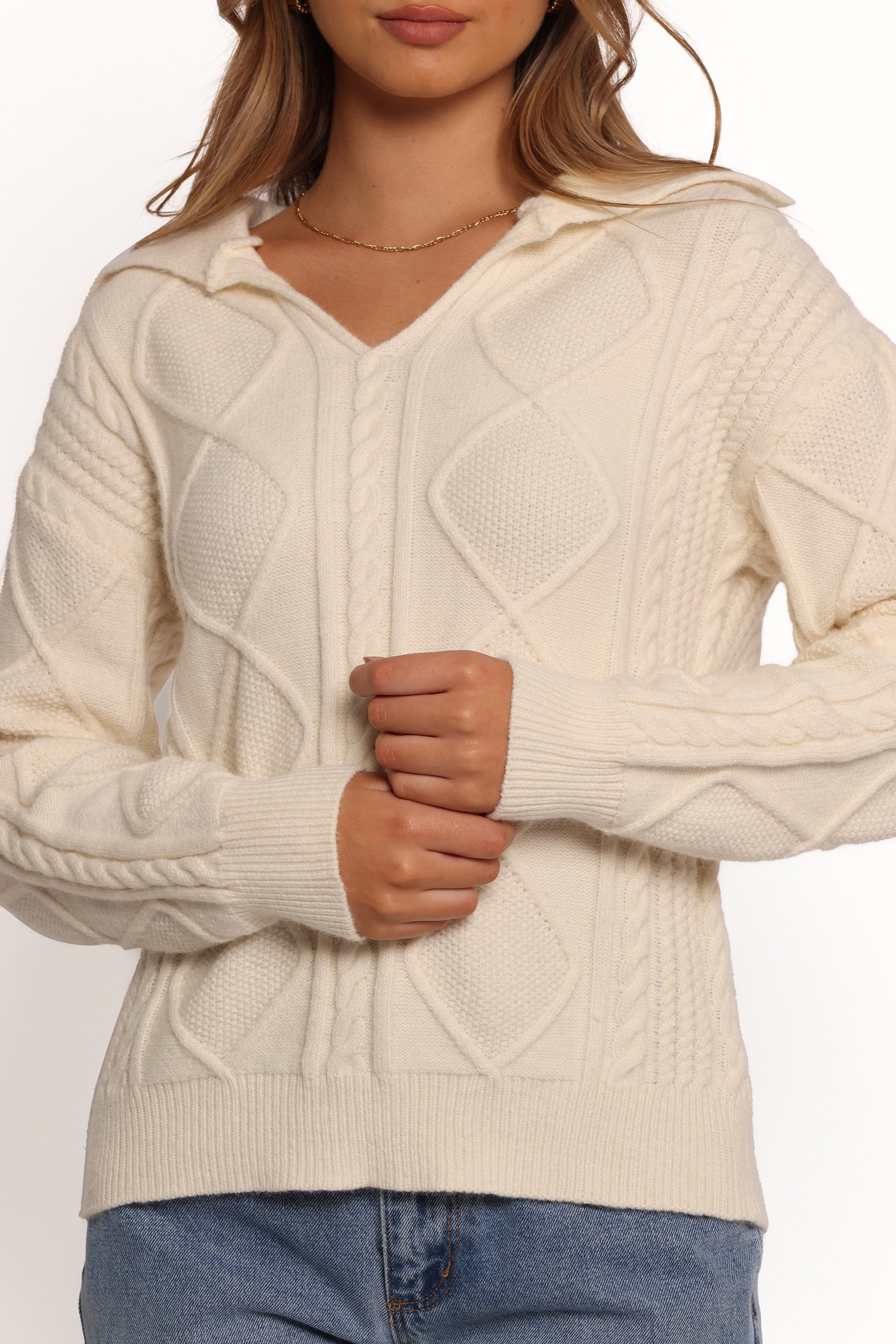 Petal and Pup USA KNITWEAR Robbie Collar Neck Cable Knit Sweater - Cream
