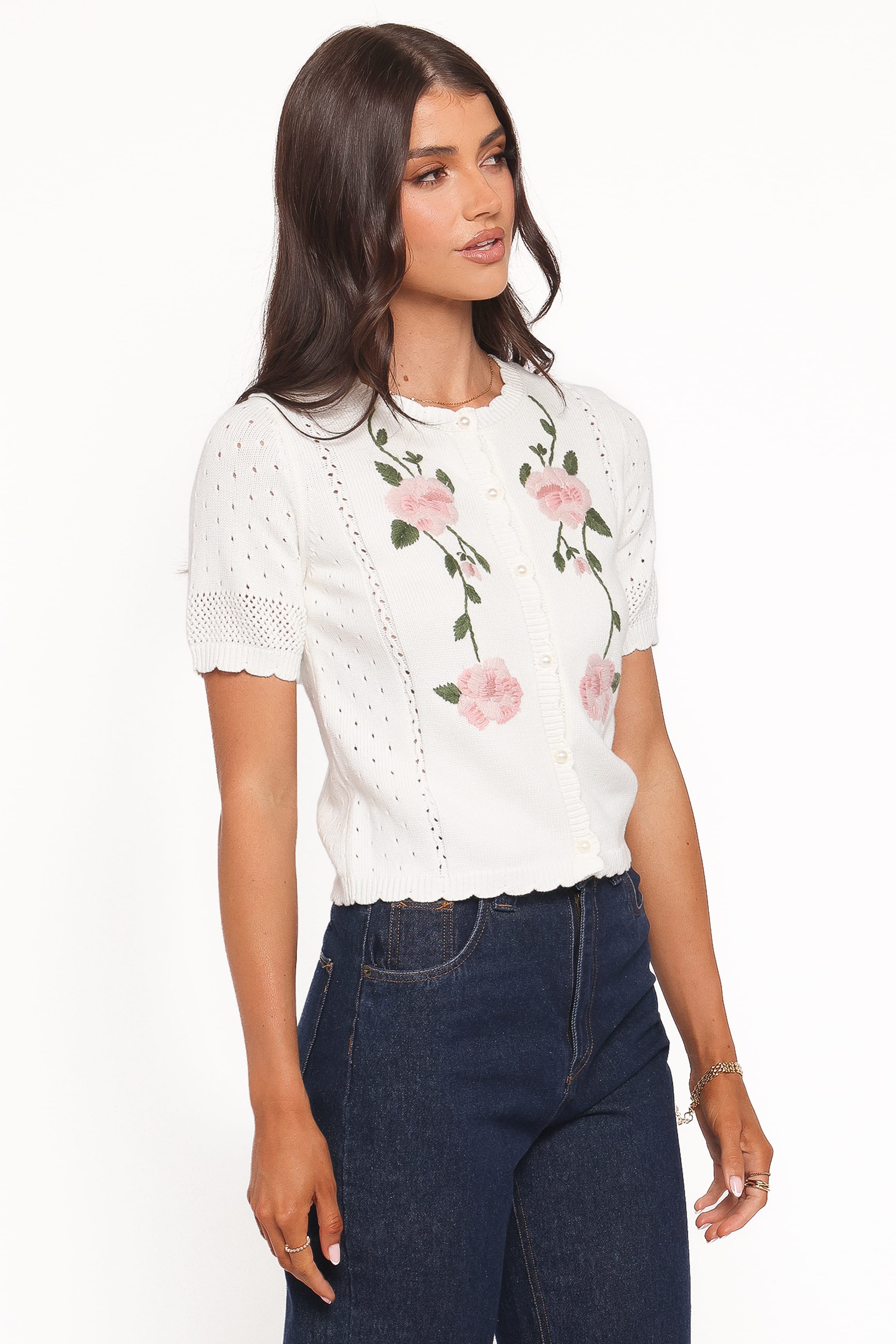 Petal and Pup USA KNITWEAR Rossi Floral Button Up Cardigan - White/Pink