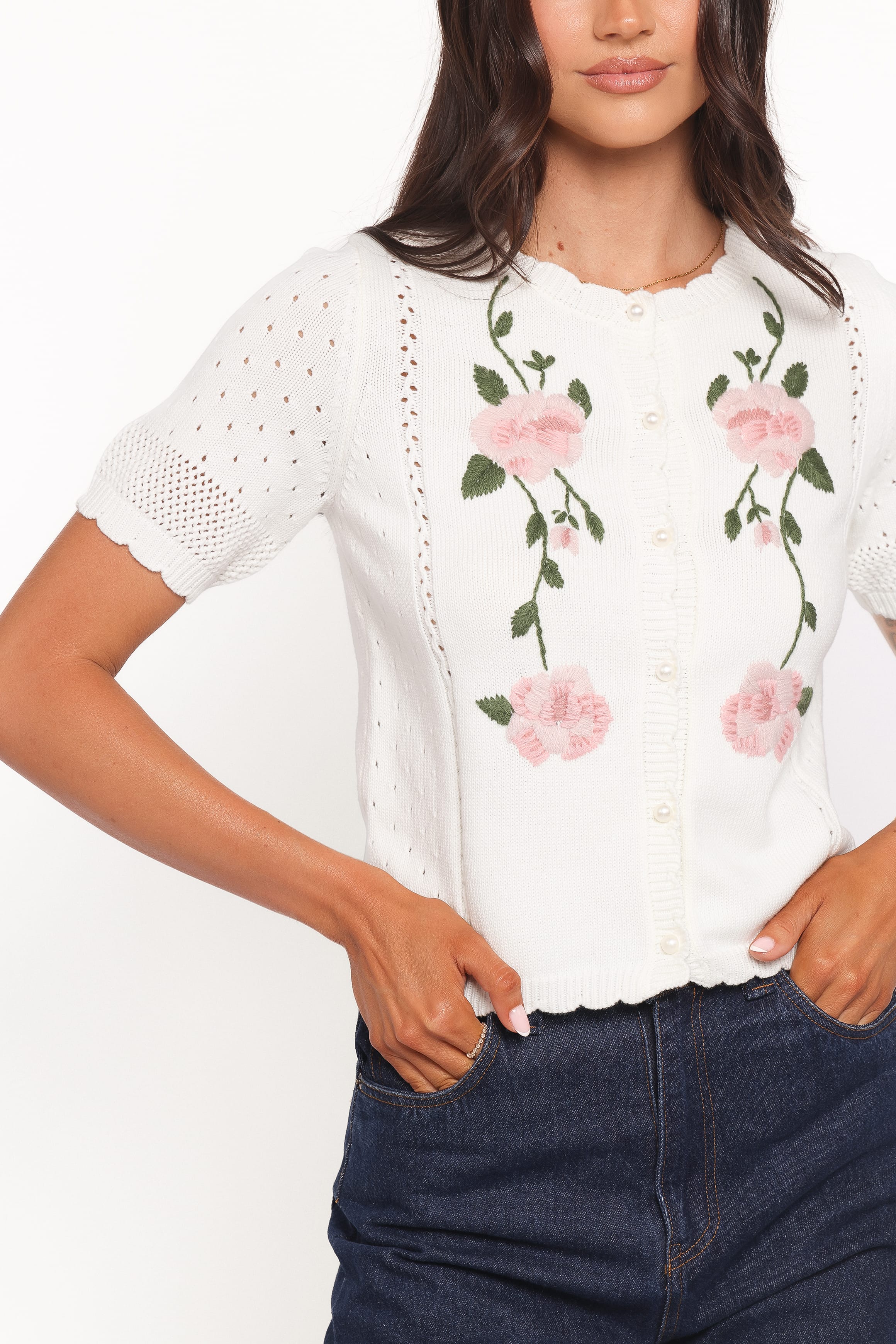 Petal and Pup USA KNITWEAR Rossi Floral Button Up Cardigan - White/Pink