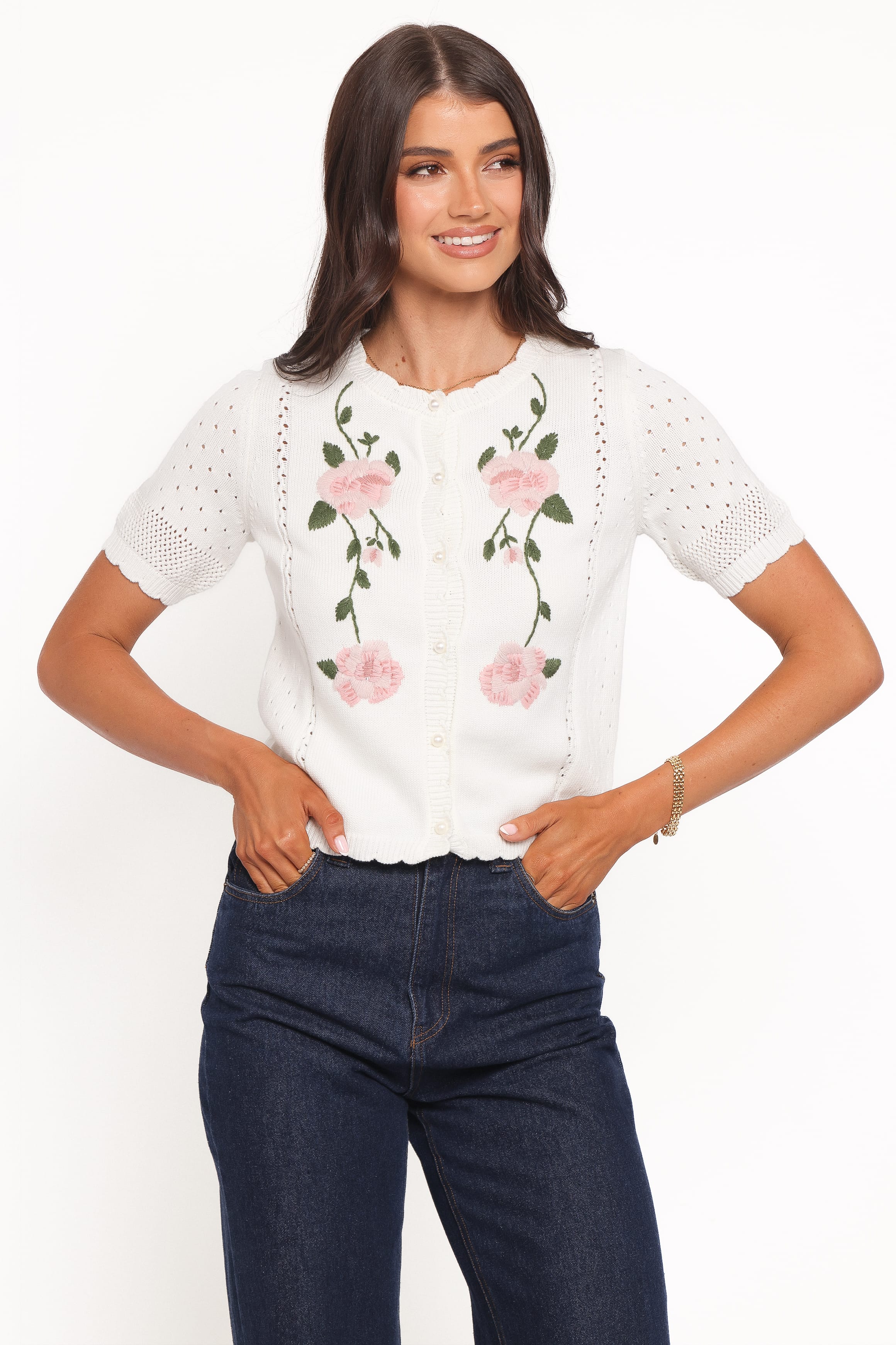 Petal and Pup USA KNITWEAR Rossi Floral Button Up Cardigan - White/Pink