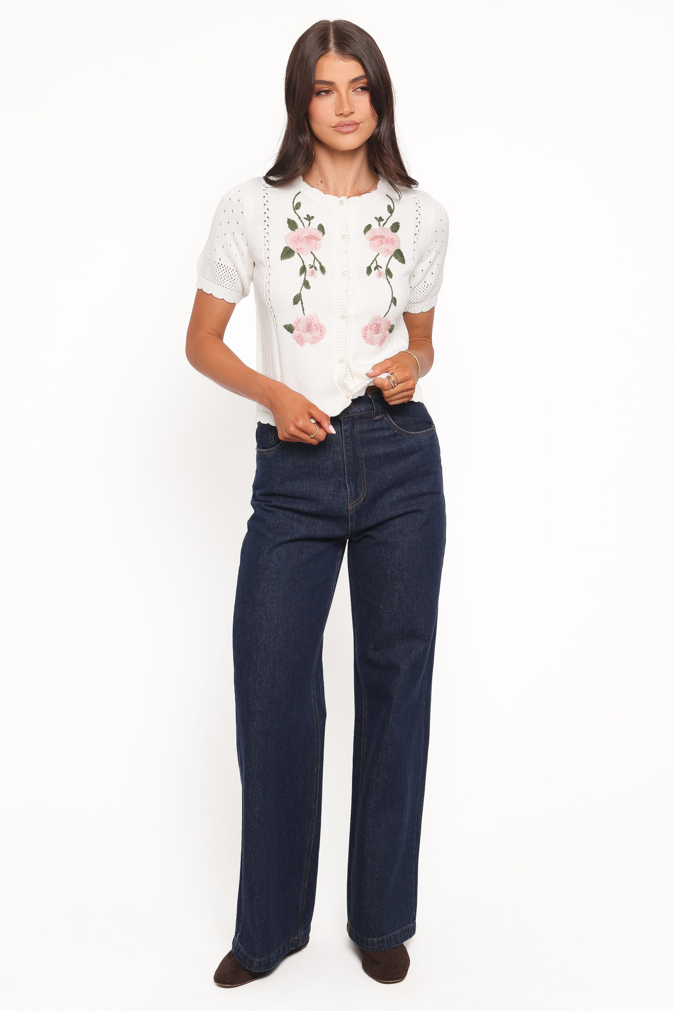 Petal and Pup USA KNITWEAR Rossi Floral Button Up Cardigan - White/Pink