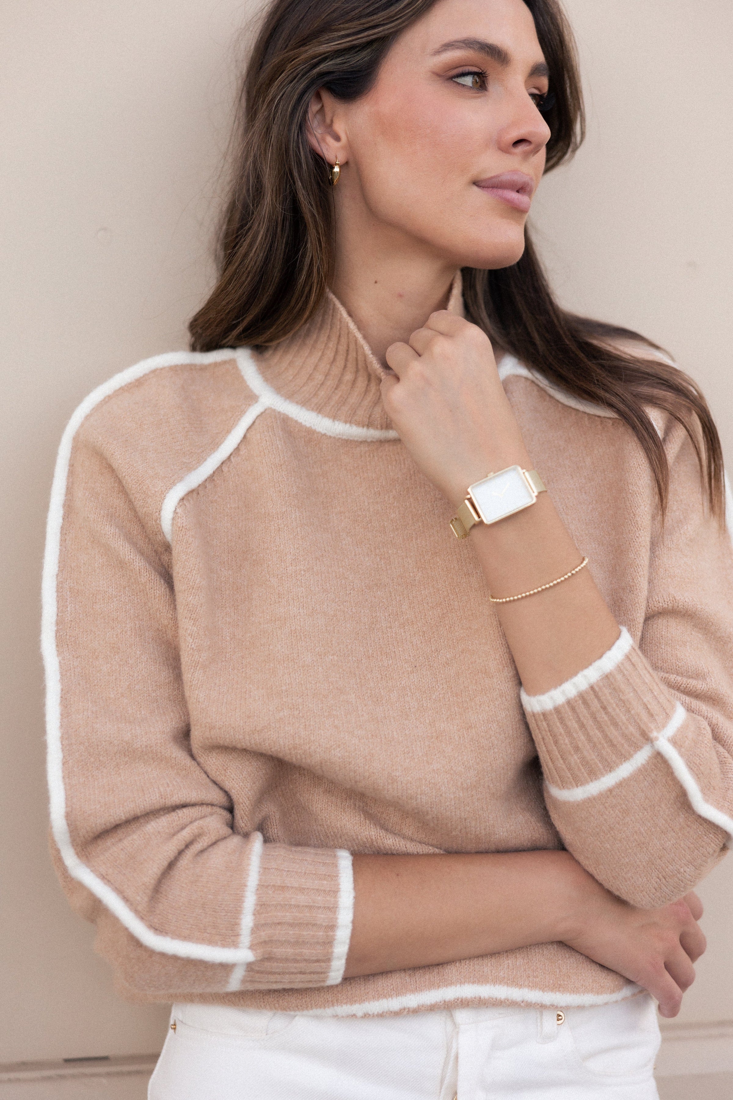 Petal and Pup USA KNITWEAR Rylee Contrast Hem Knit Sweater - Camel