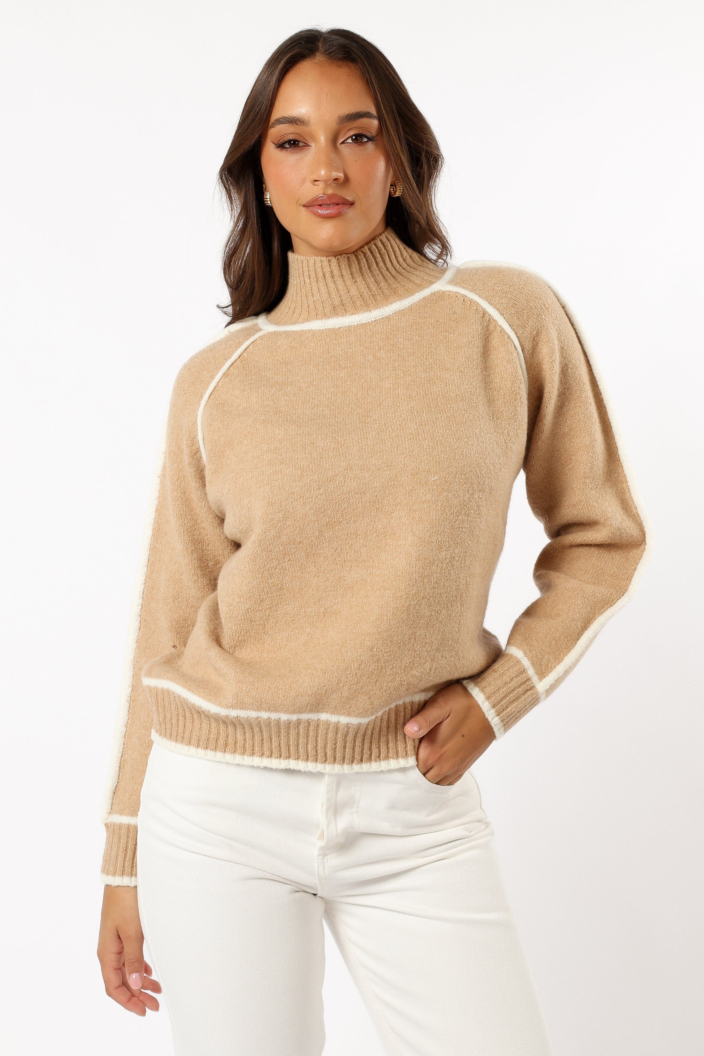 Petal and Pup USA KNITWEAR Rylee Contrast Hem Knit Sweater - Camel