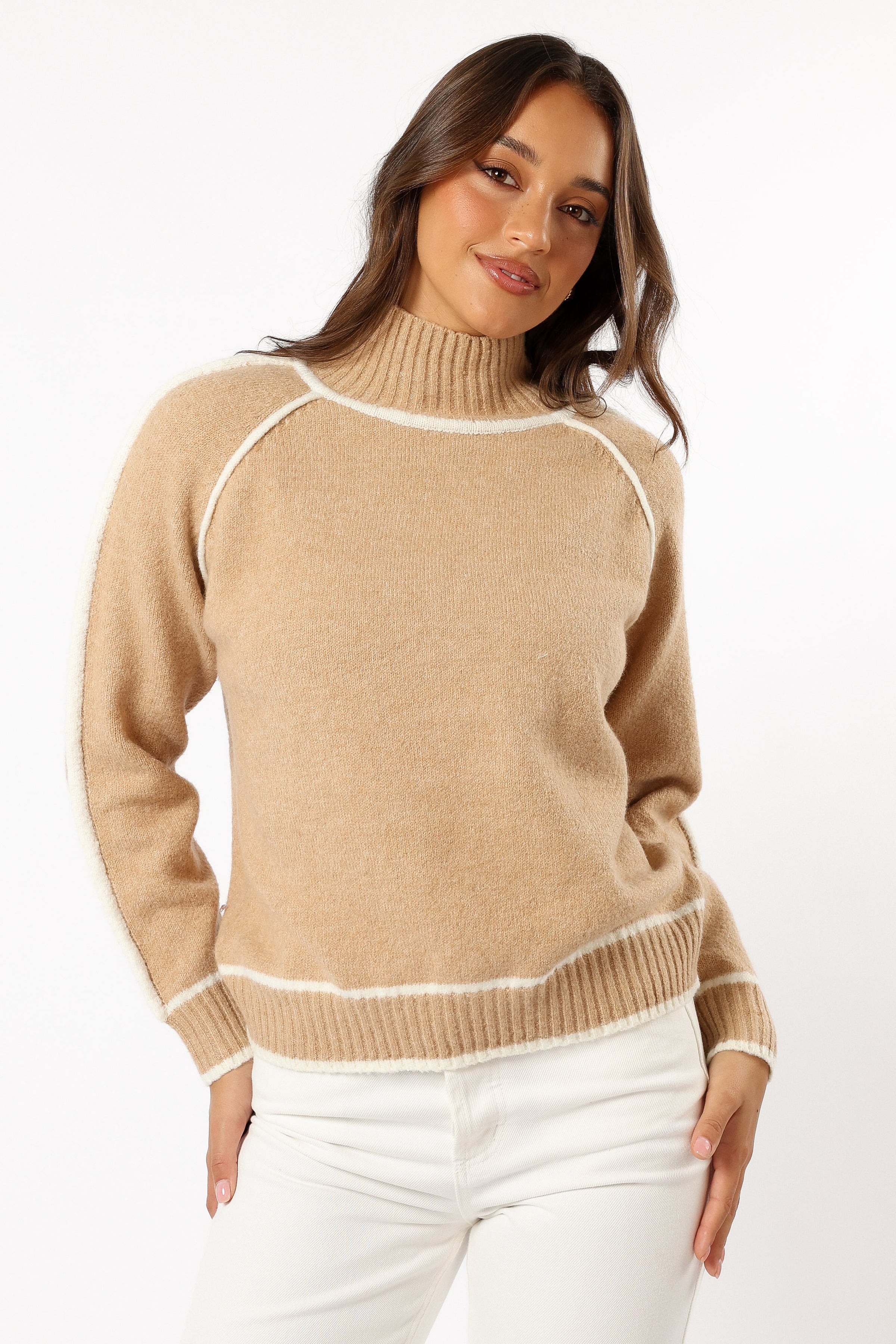Petal and Pup USA KNITWEAR Rylee Contrast Hem Knit Sweater - Camel