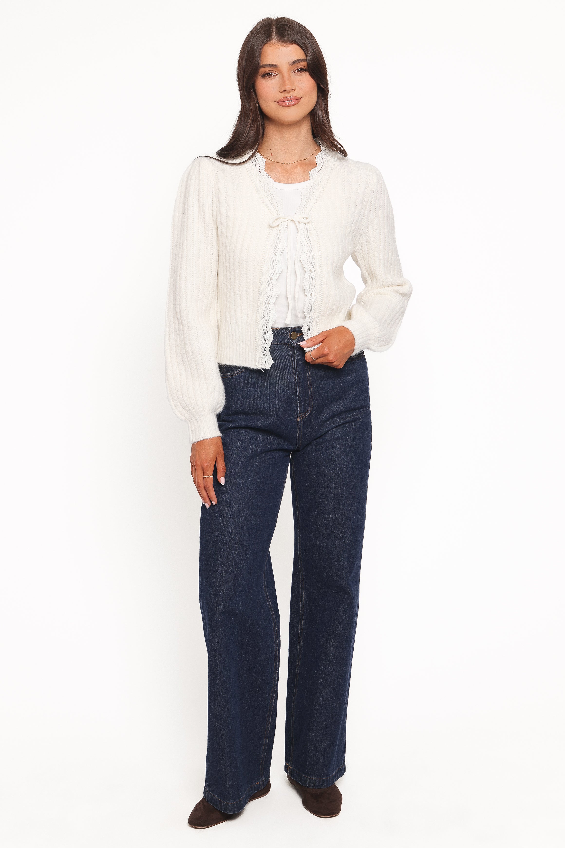 Petal and Pup USA KNITWEAR Silvie Lace Front Tie Cardigan - Cream