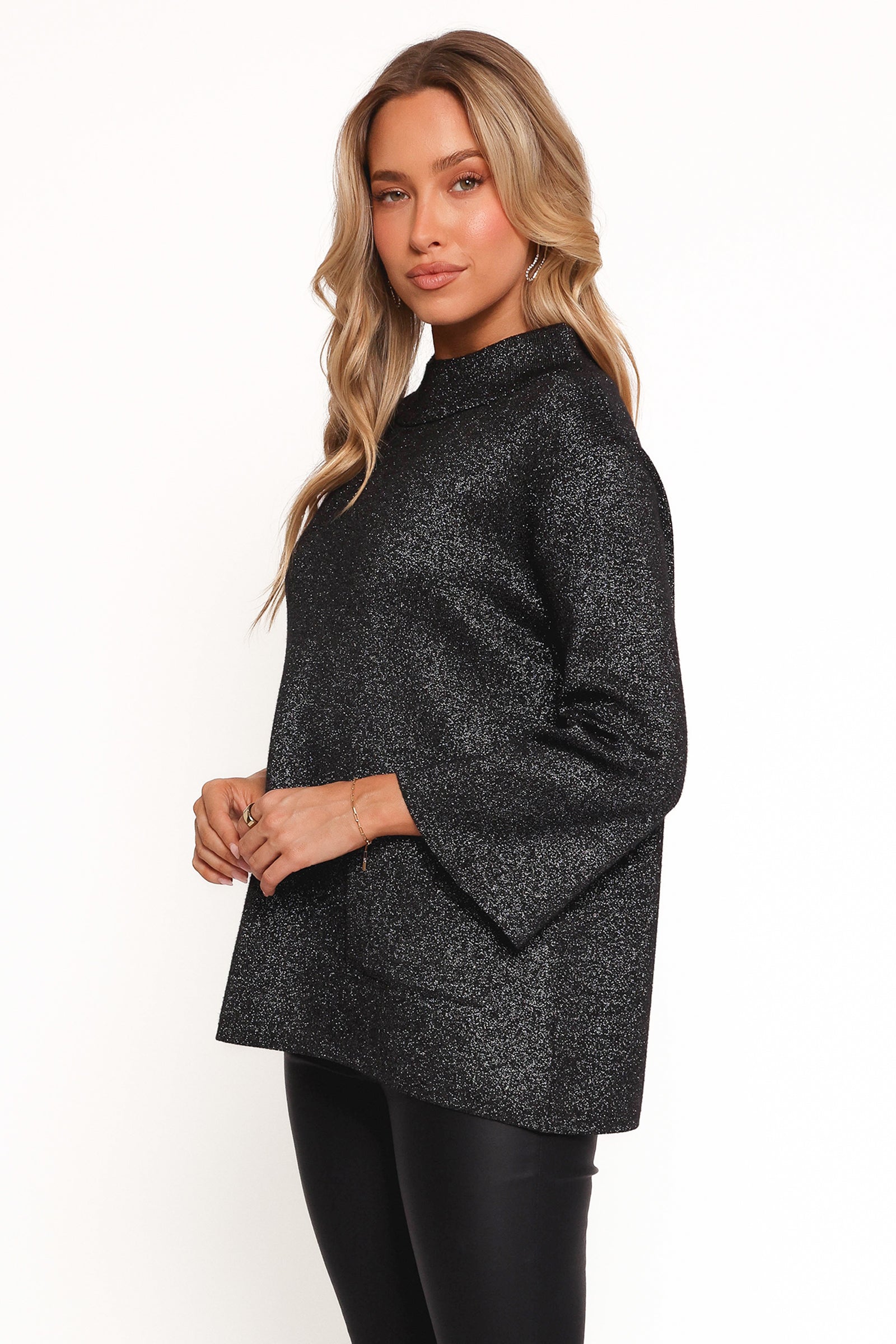 Petal and Pup USA KNITWEAR Tassie Cowlneck Lurex Shimmer Knit Sweater - Black