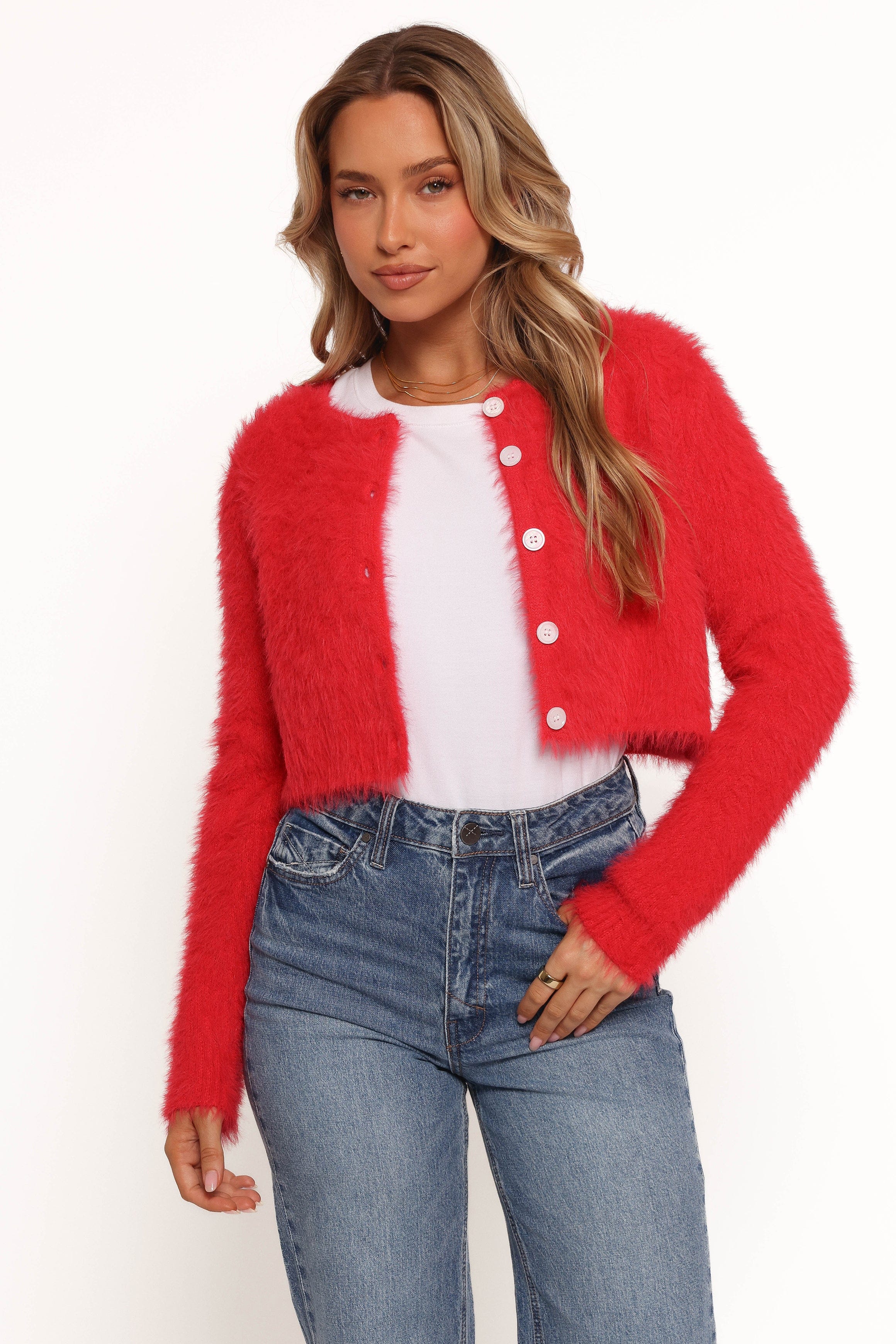 Petal and Pup USA KNITWEAR Tavan Crop Button Front Cardigan - Red (Hold for Rack)
