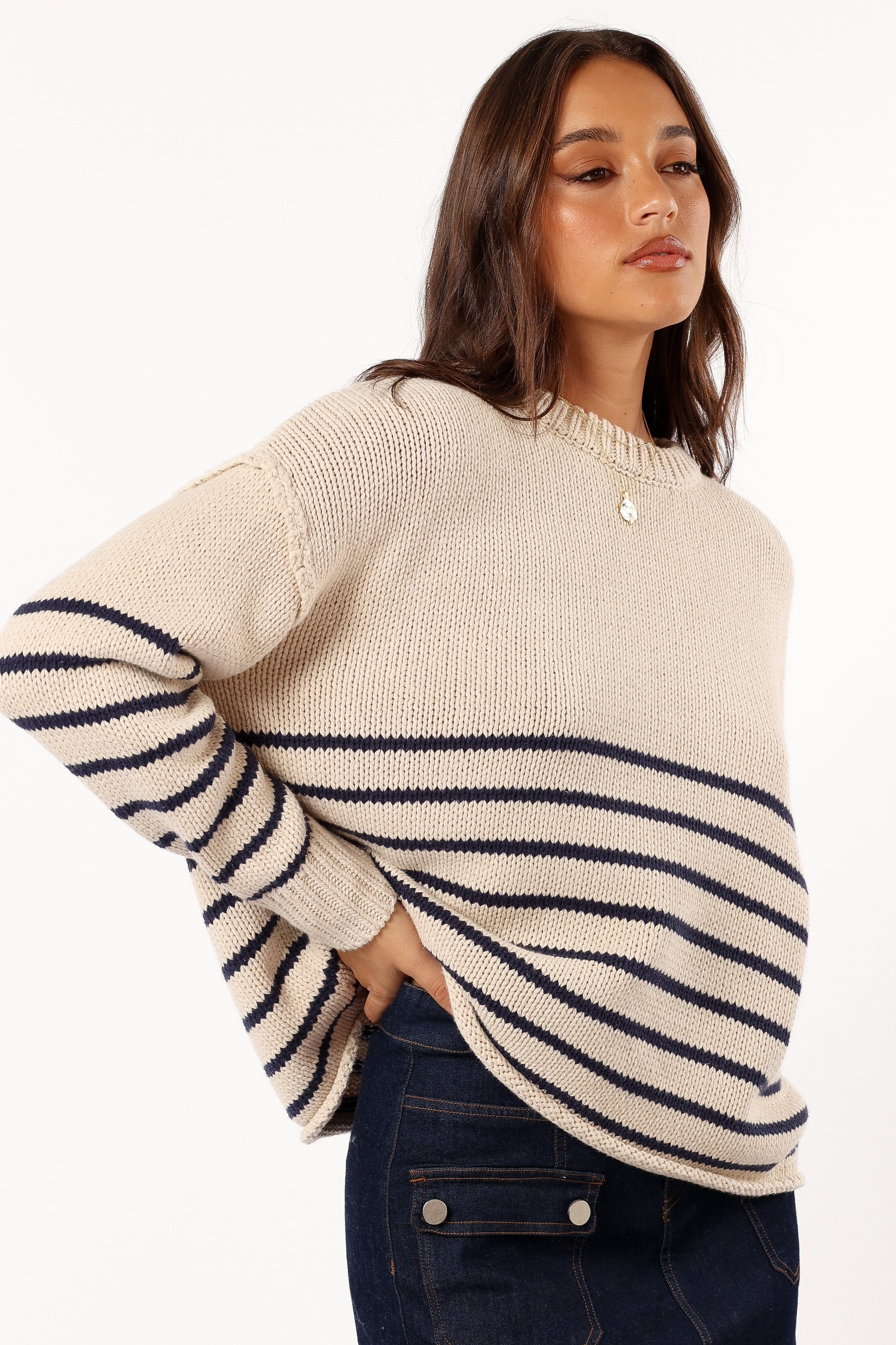 Petal and Pup USA KNITWEAR Tenzie Stripe Knit Sweater - Natural Navy