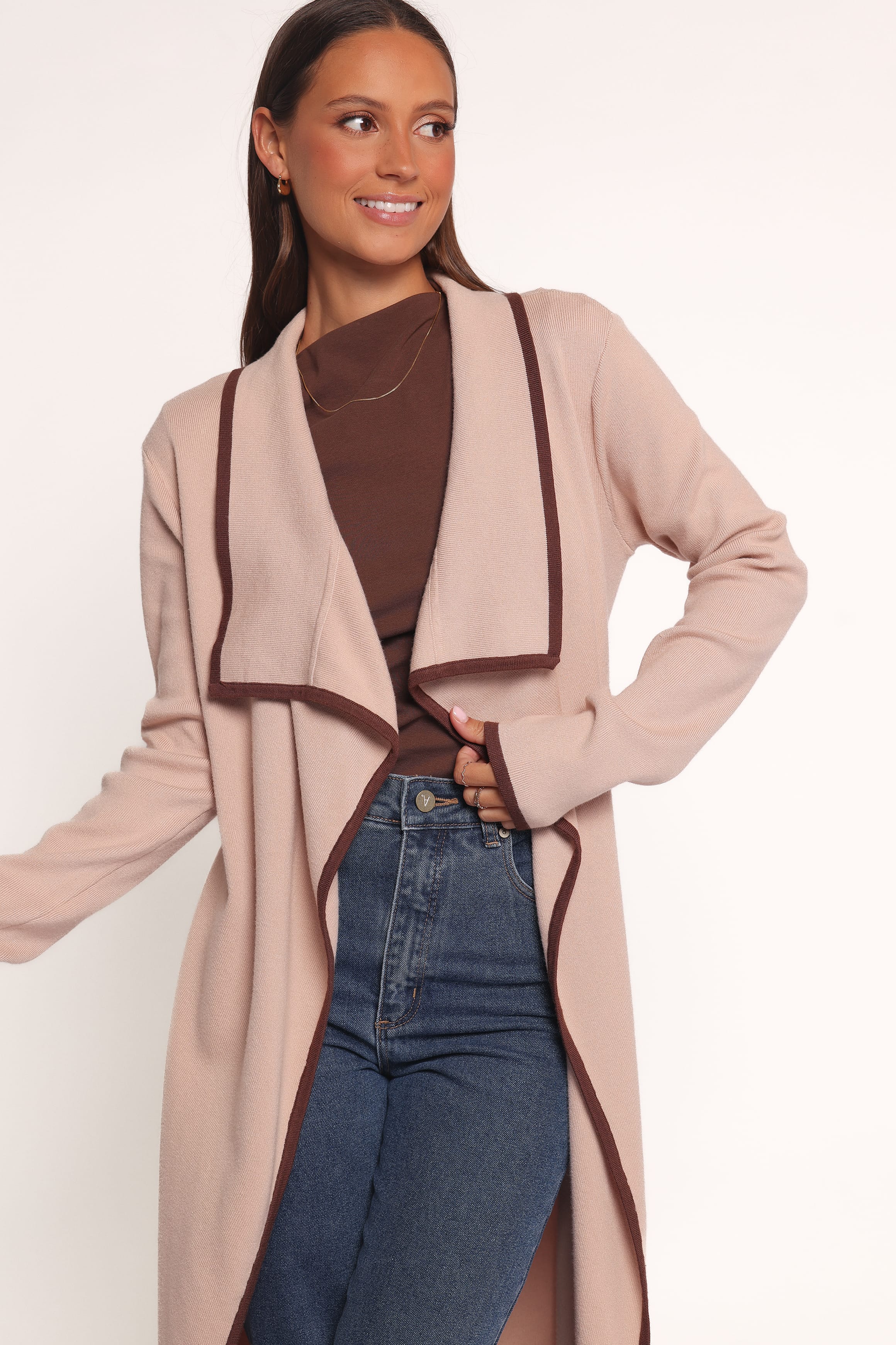 Petal and Pup USA KNITWEAR Vallis Contrast Trim Long Cardigan - Beige