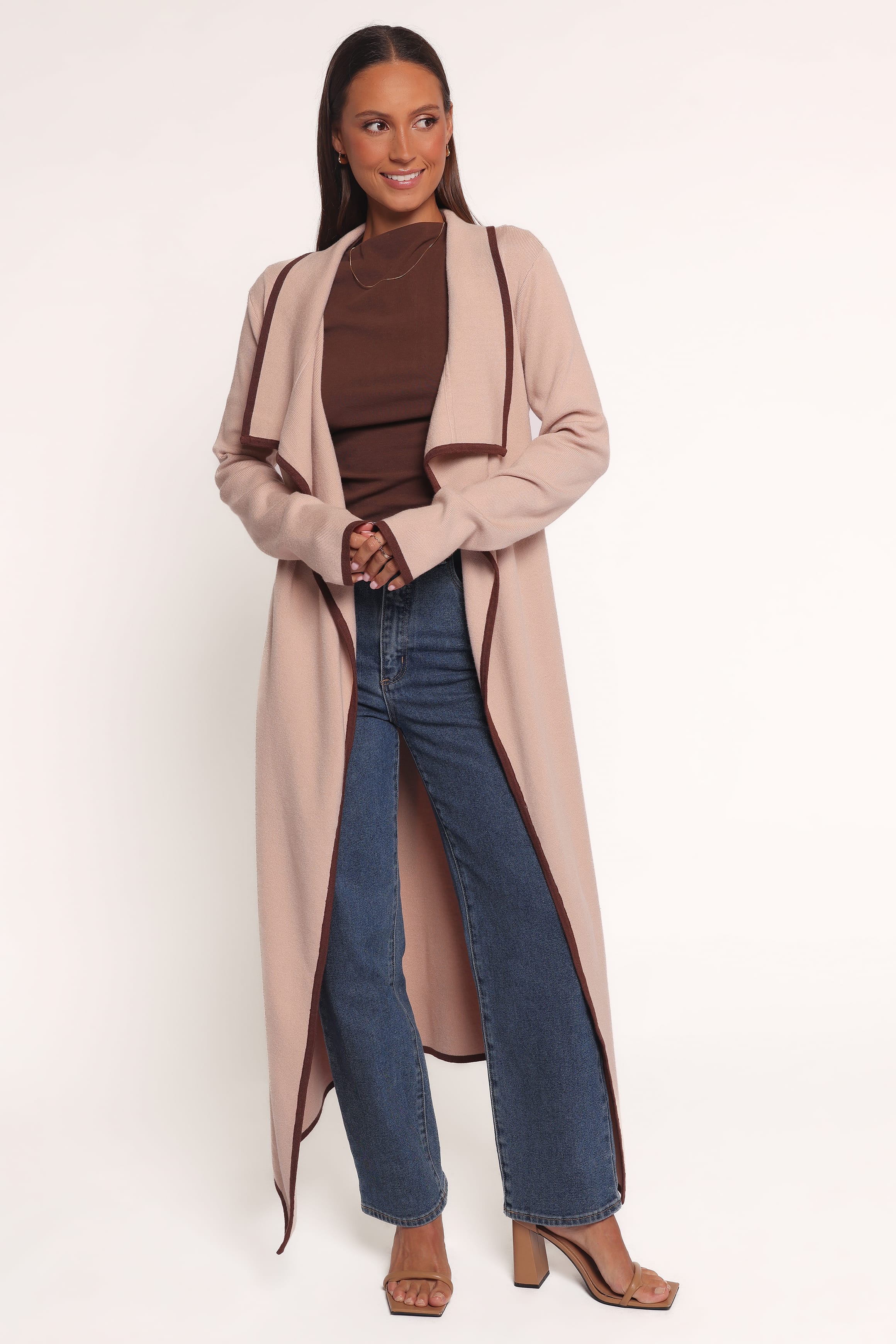 Petal and Pup USA KNITWEAR Vallis Contrast Trim Long Cardigan - Beige