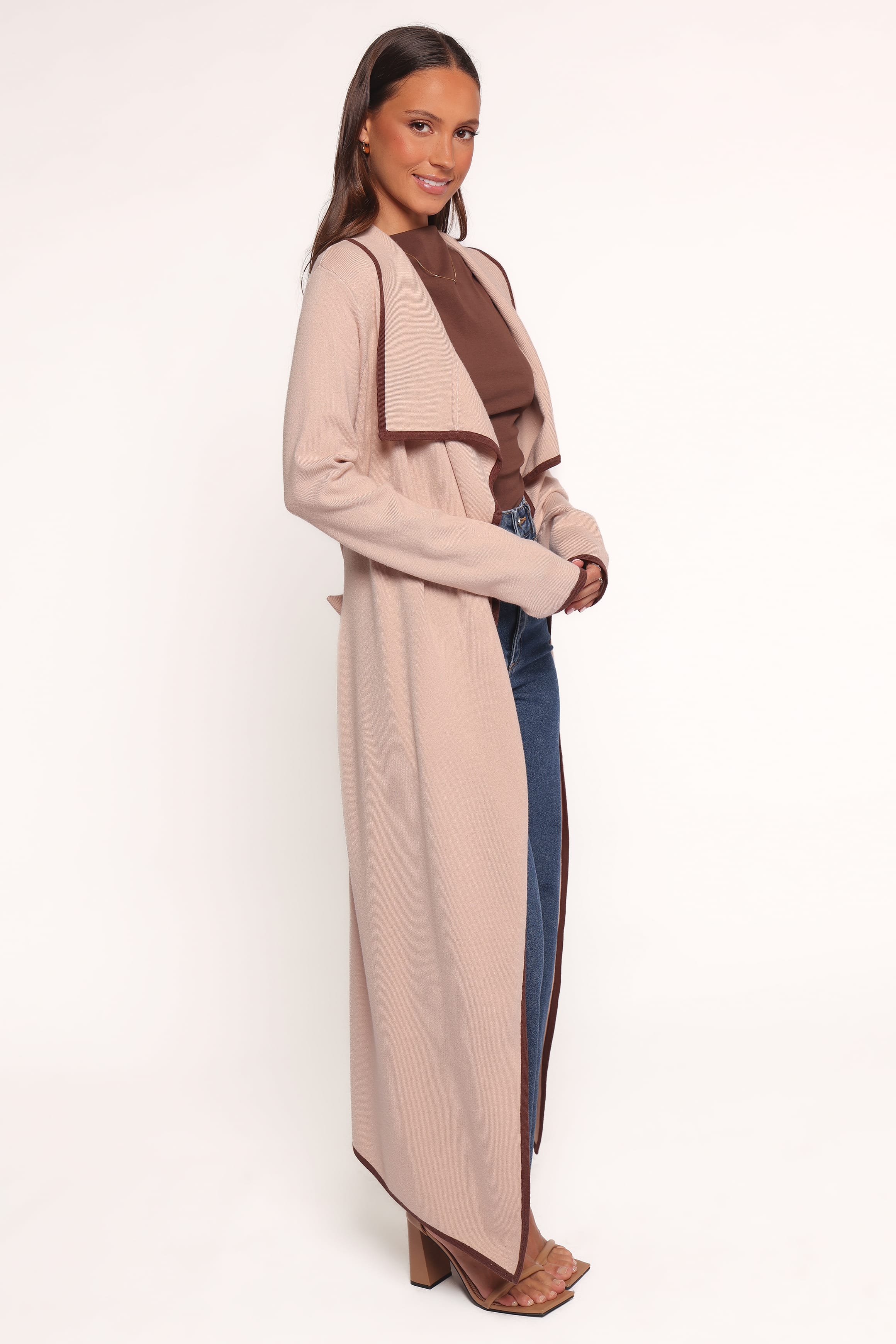 Petal and Pup USA KNITWEAR Vallis Contrast Trim Long Cardigan - Beige