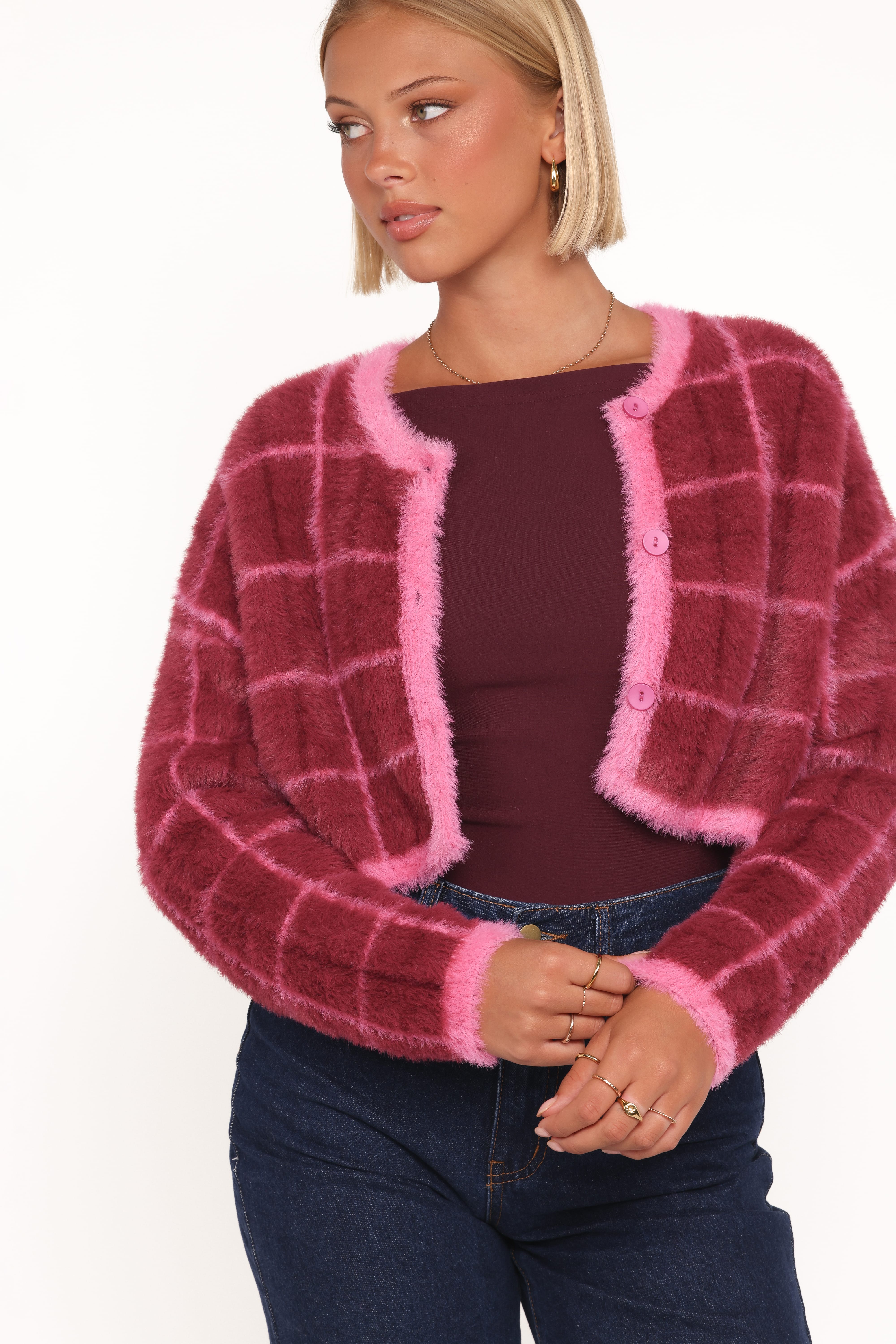 Petal and Pup USA KNITWEAR Viola Plaid Button Front Cardigan - Burgundy