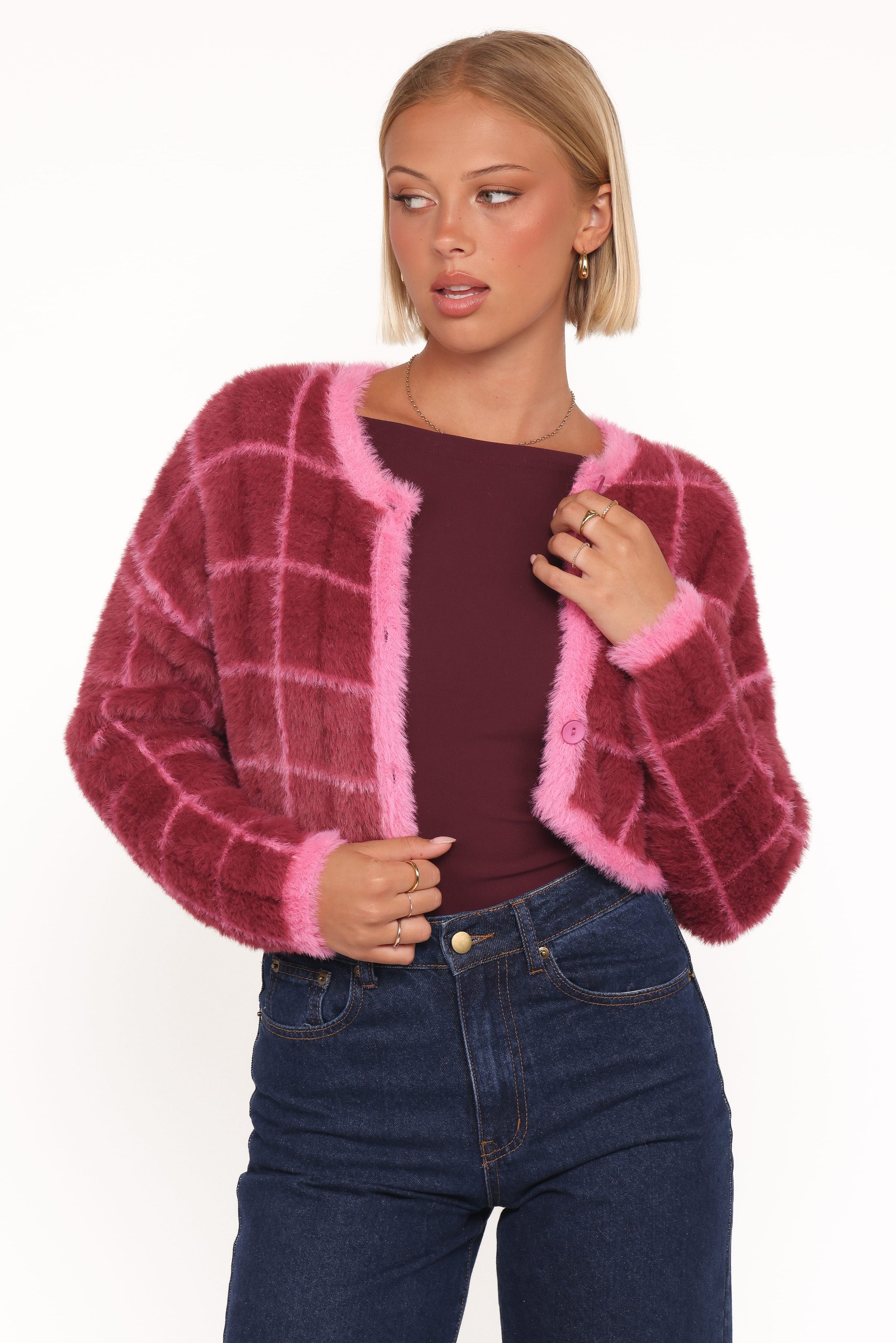 Petal and Pup USA KNITWEAR Viola Plaid Button Front Cardigan - Burgundy