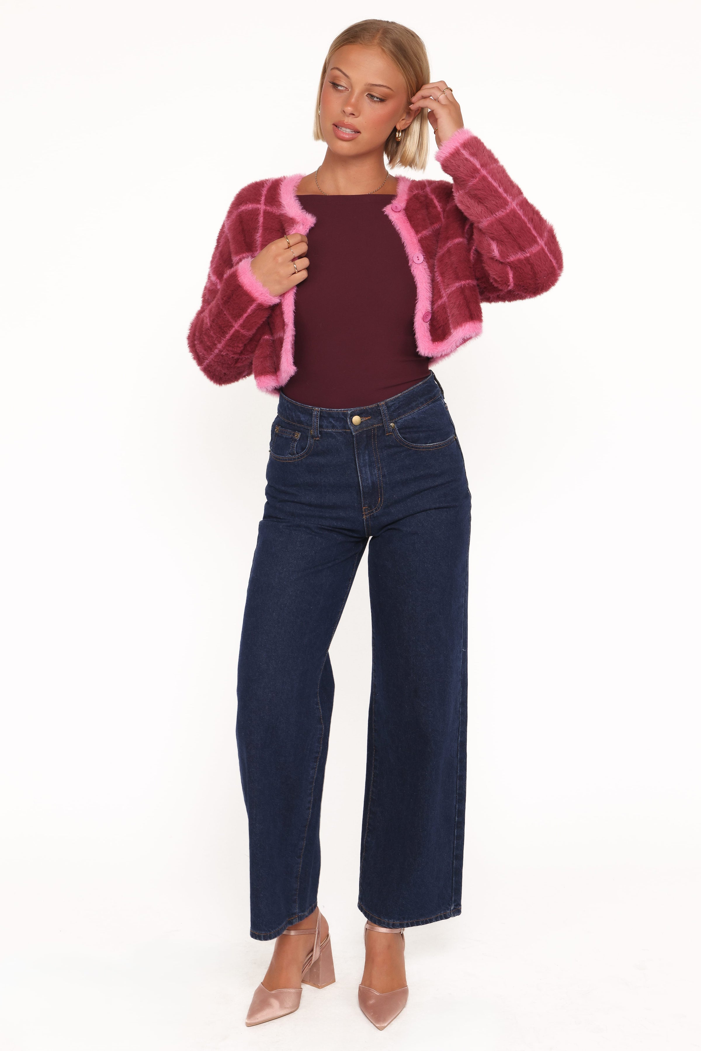 Petal and Pup USA KNITWEAR Viola Plaid Button Front Cardigan - Burgundy