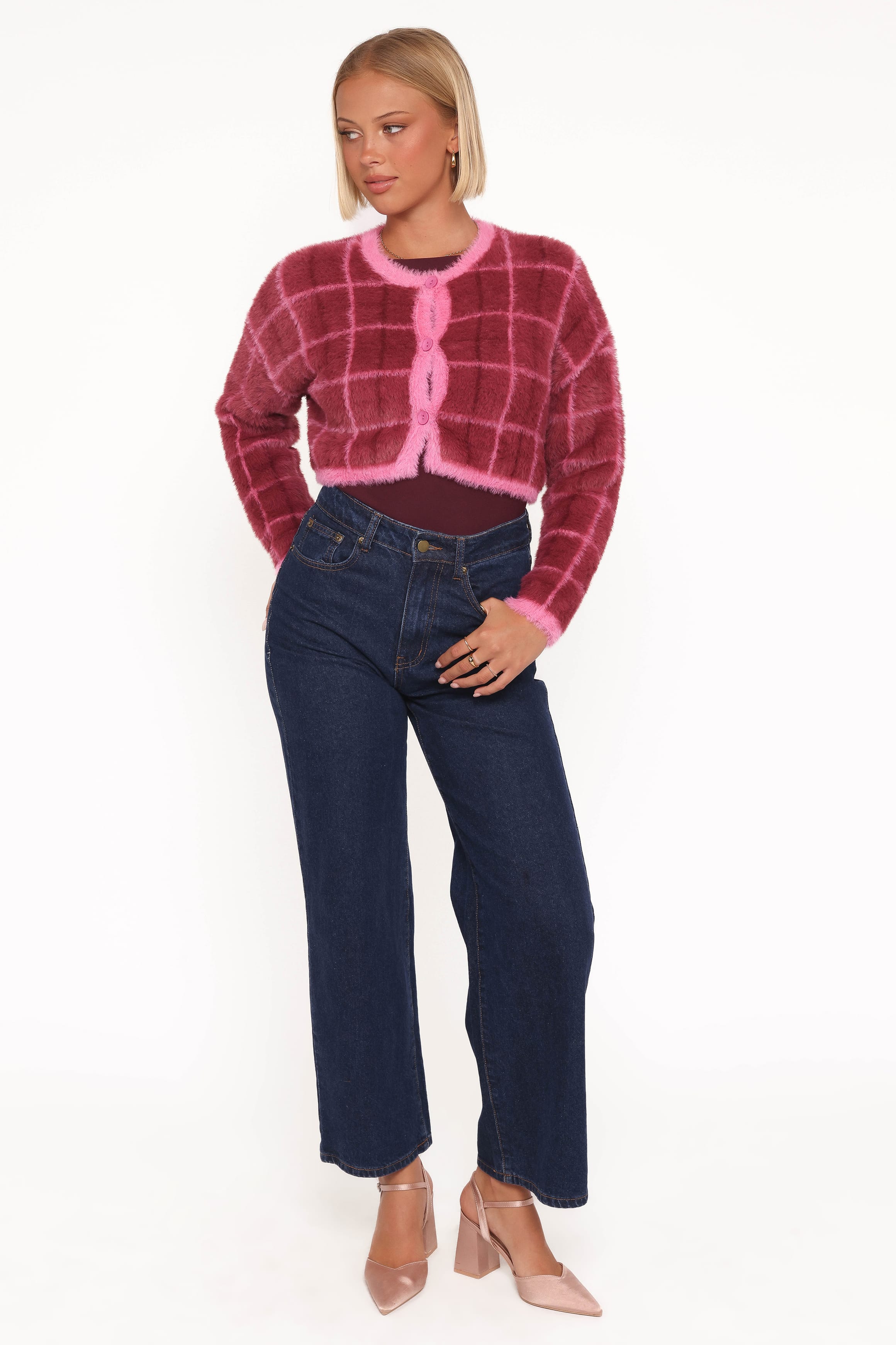 Petal and Pup USA KNITWEAR Viola Plaid Button Front Cardigan - Burgundy