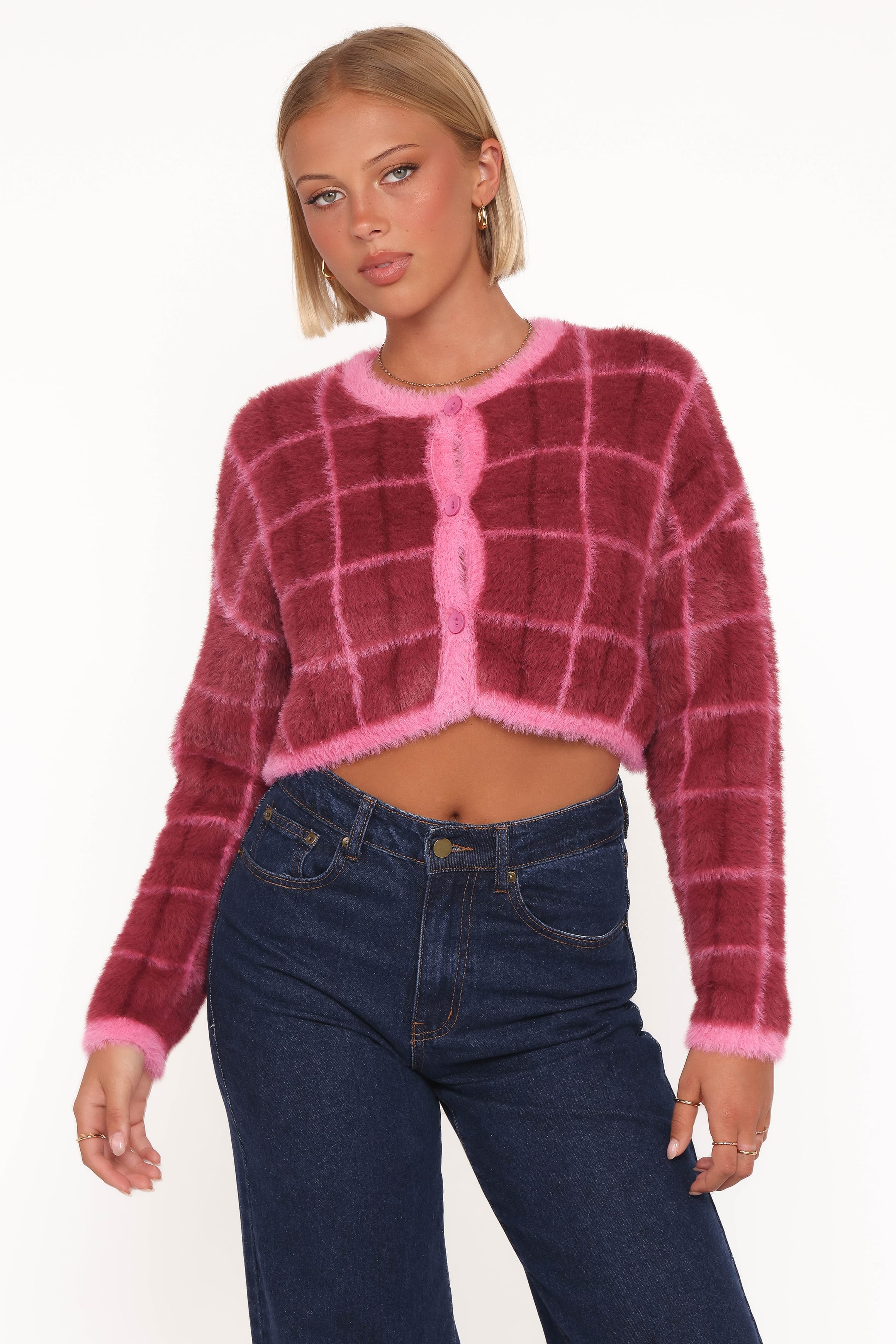 Petal and Pup USA KNITWEAR Viola Plaid Button Front Cardigan - Burgundy