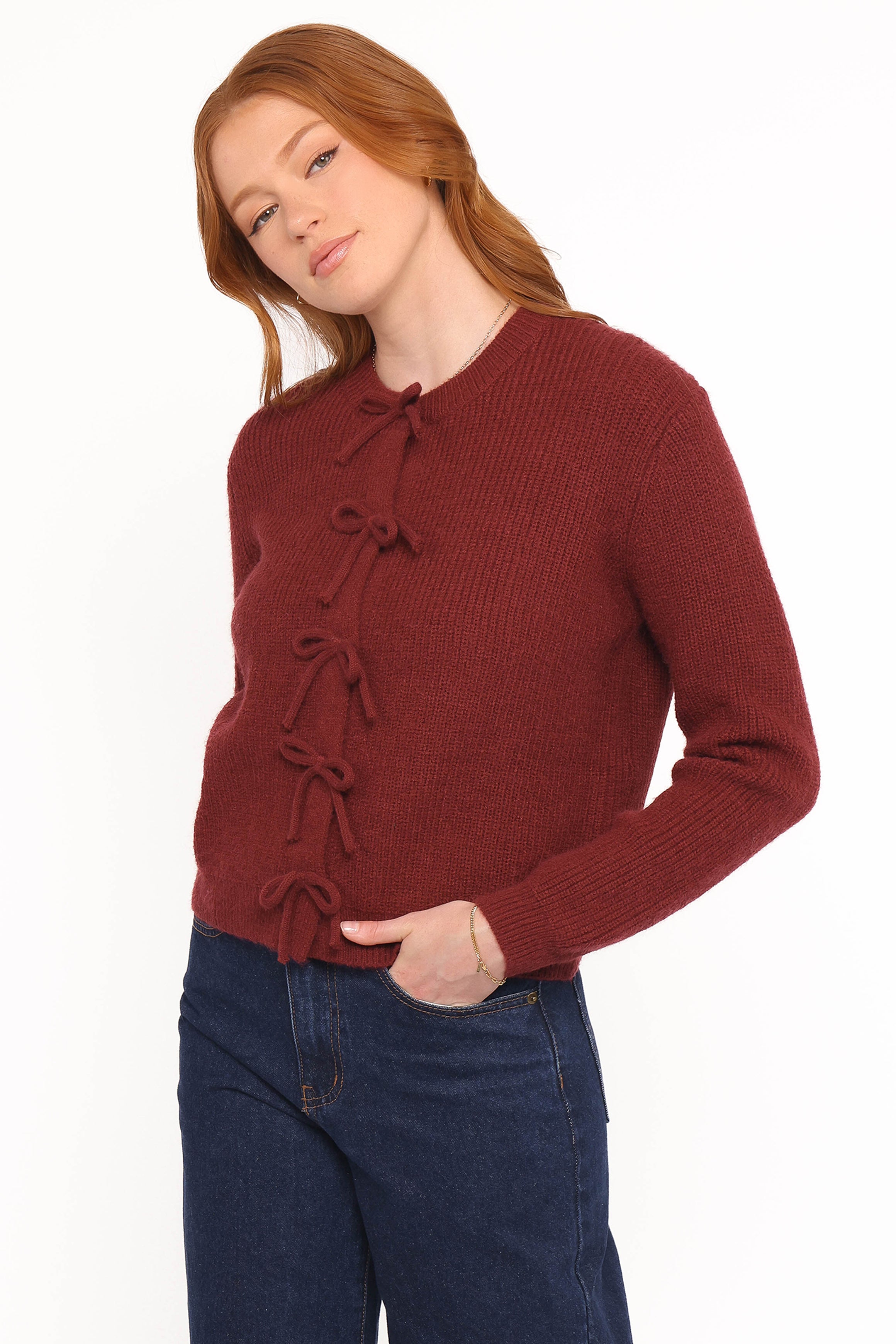 Petal and Pup USA KNITWEAR Wilde Bow Front Cardigan - Burgundy