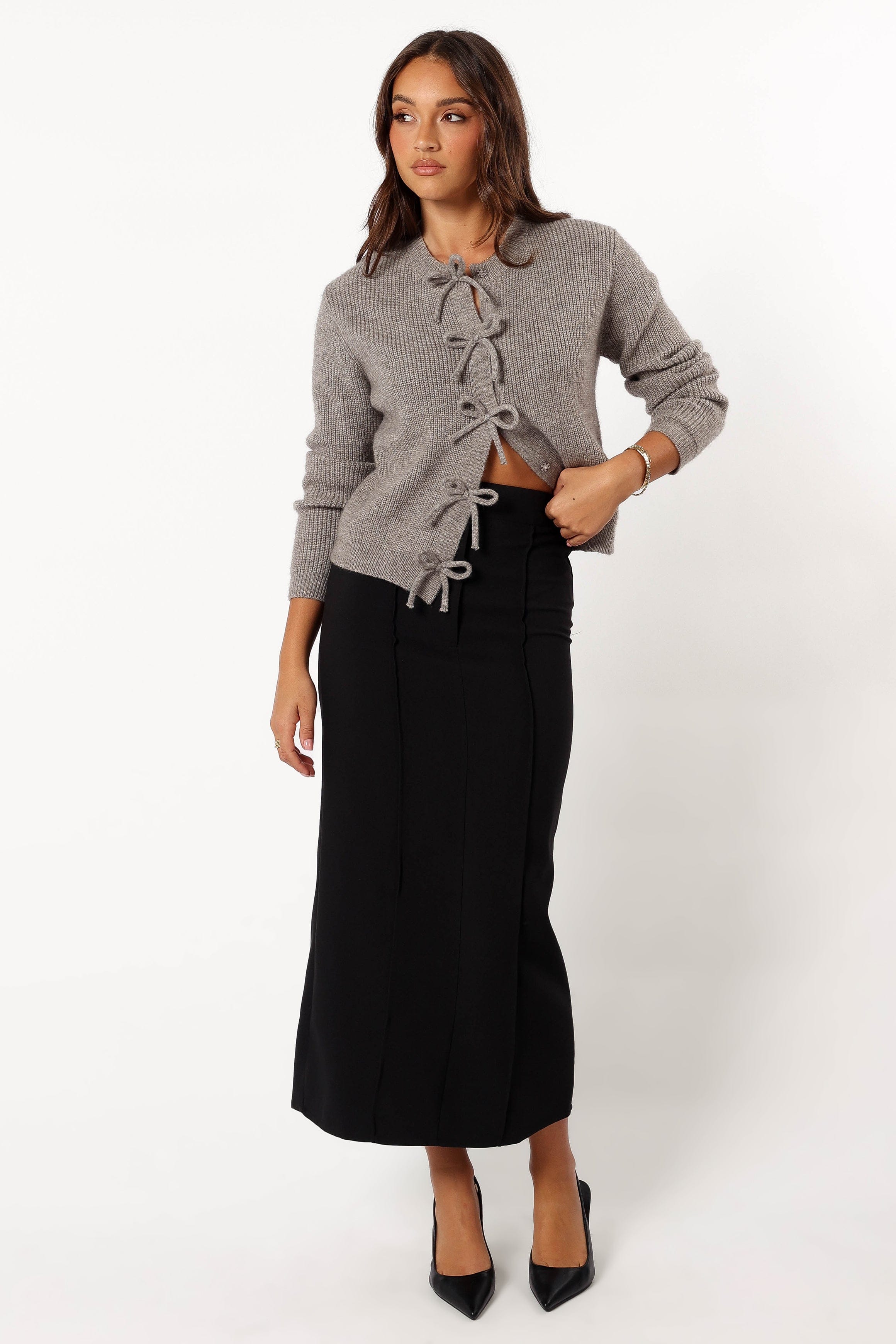 Petal and Pup USA KNITWEAR Wilde Bow Front Cardigan - Light Grey