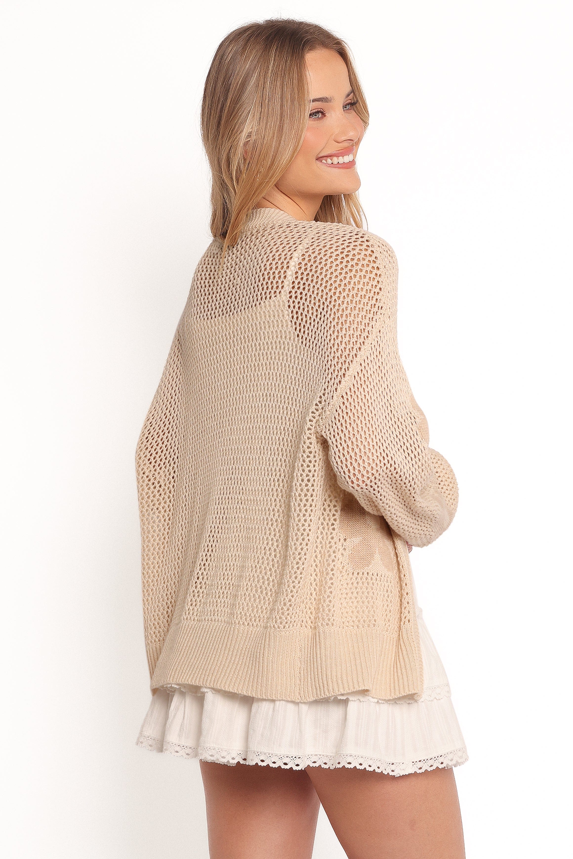 Petal and Pup USA KNITWEAR Winslow Open Knit Flower Cardigan - Tan