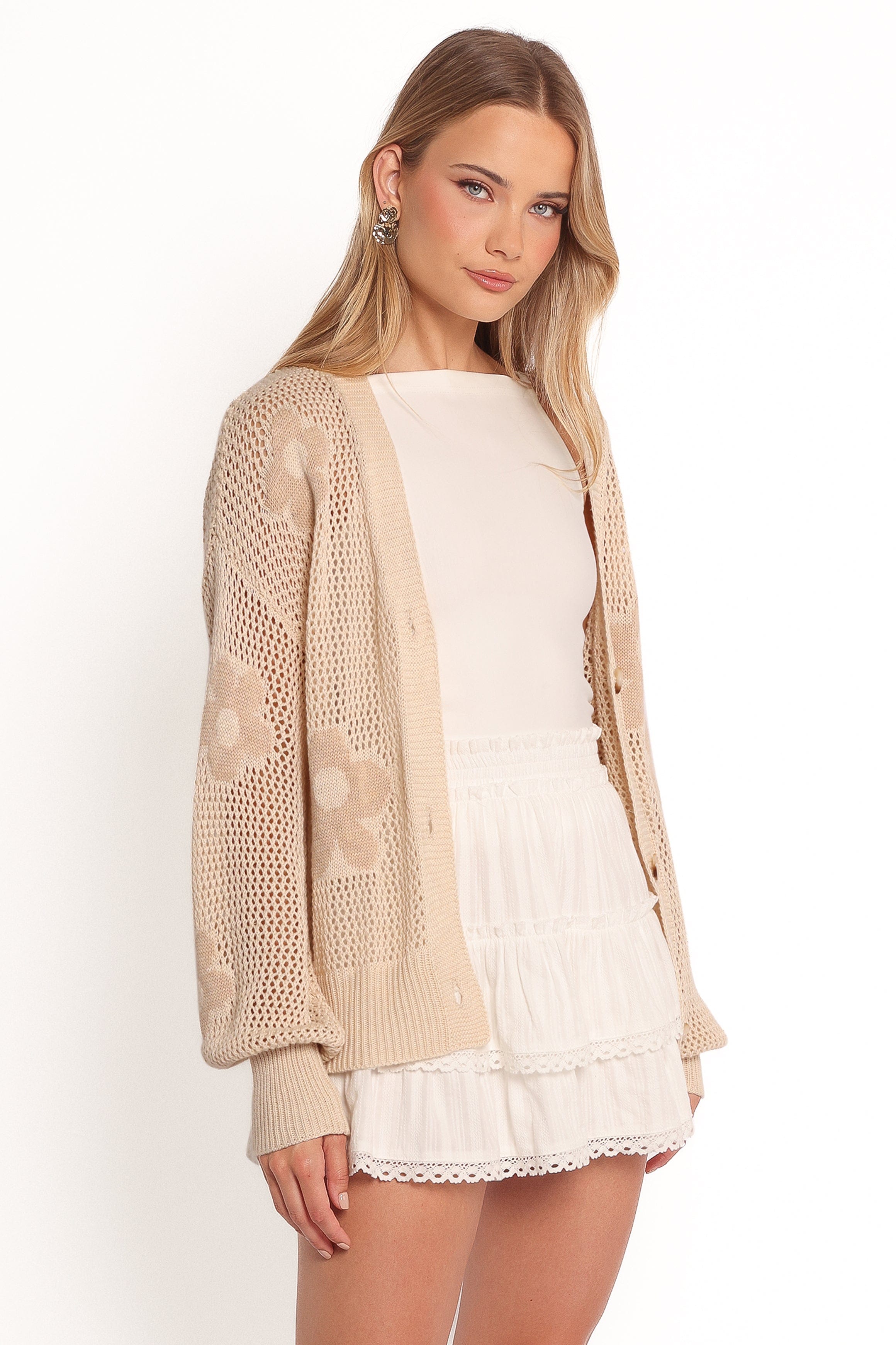 Petal and Pup USA KNITWEAR Winslow Open Knit Flower Cardigan - Tan