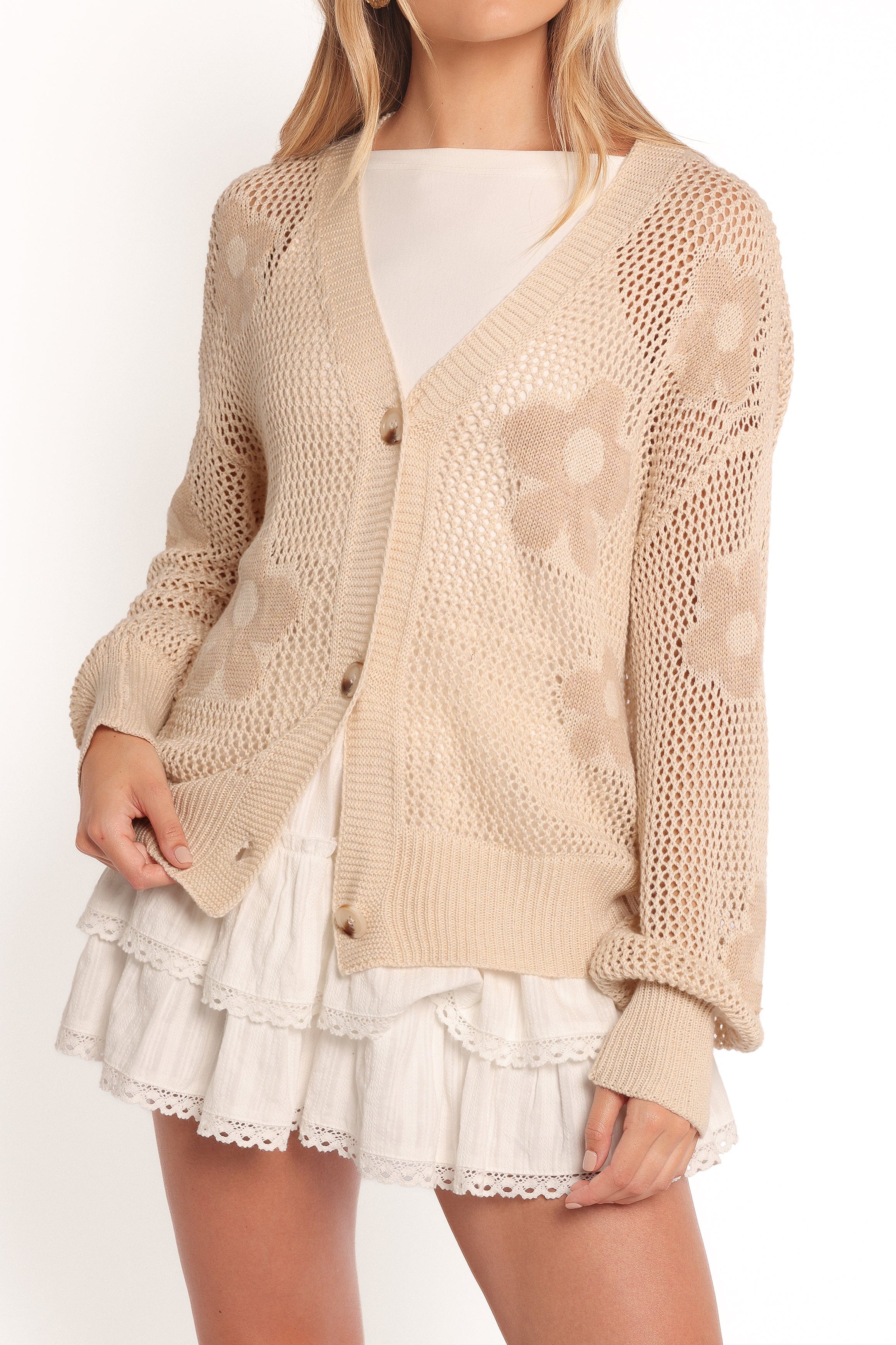 Petal and Pup USA KNITWEAR Winslow Open Knit Flower Cardigan - Tan