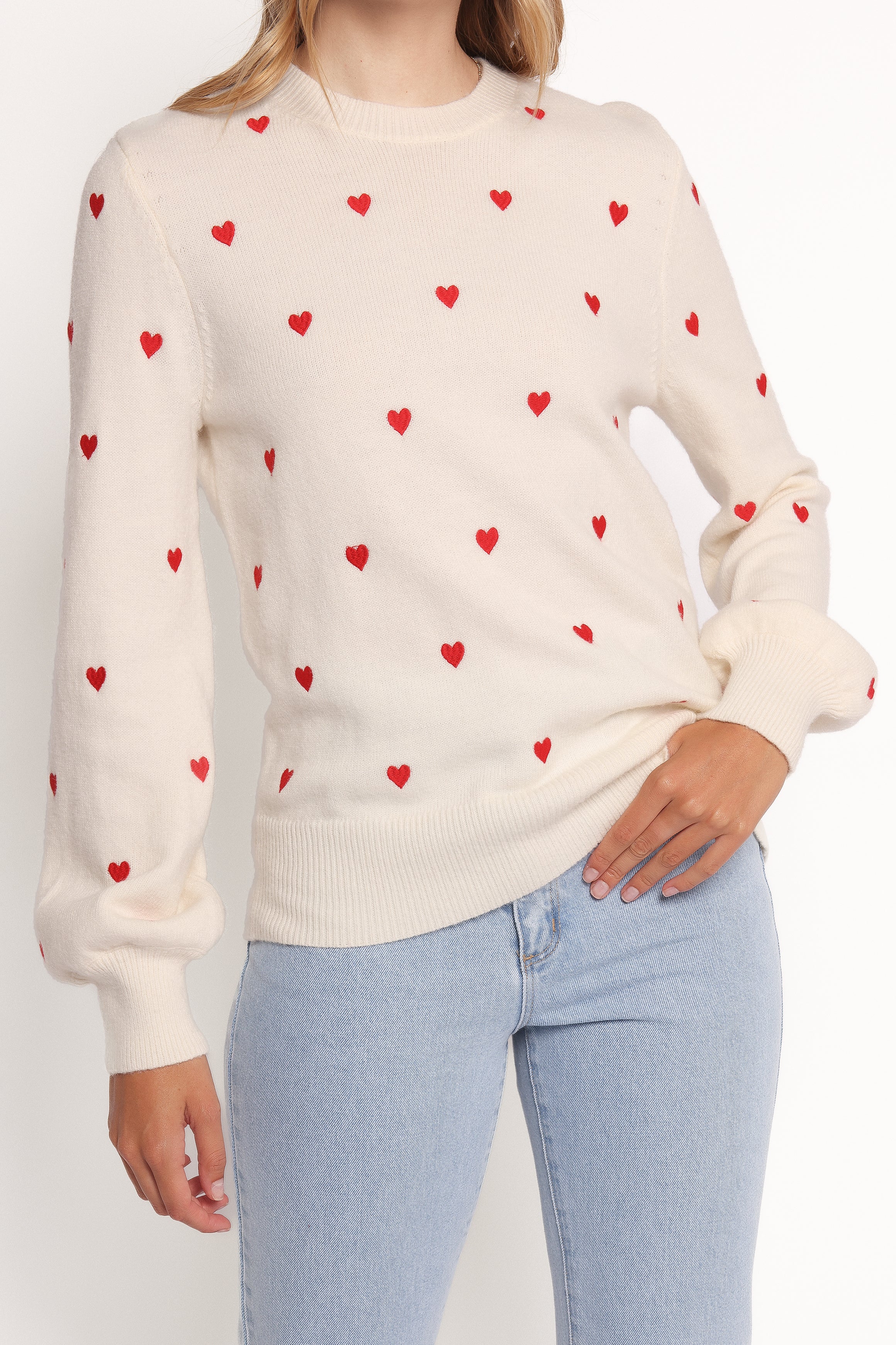 Petal and Pup USA KNITWEAR Xadie All Over Mini Heart Sweater - Cream/Red