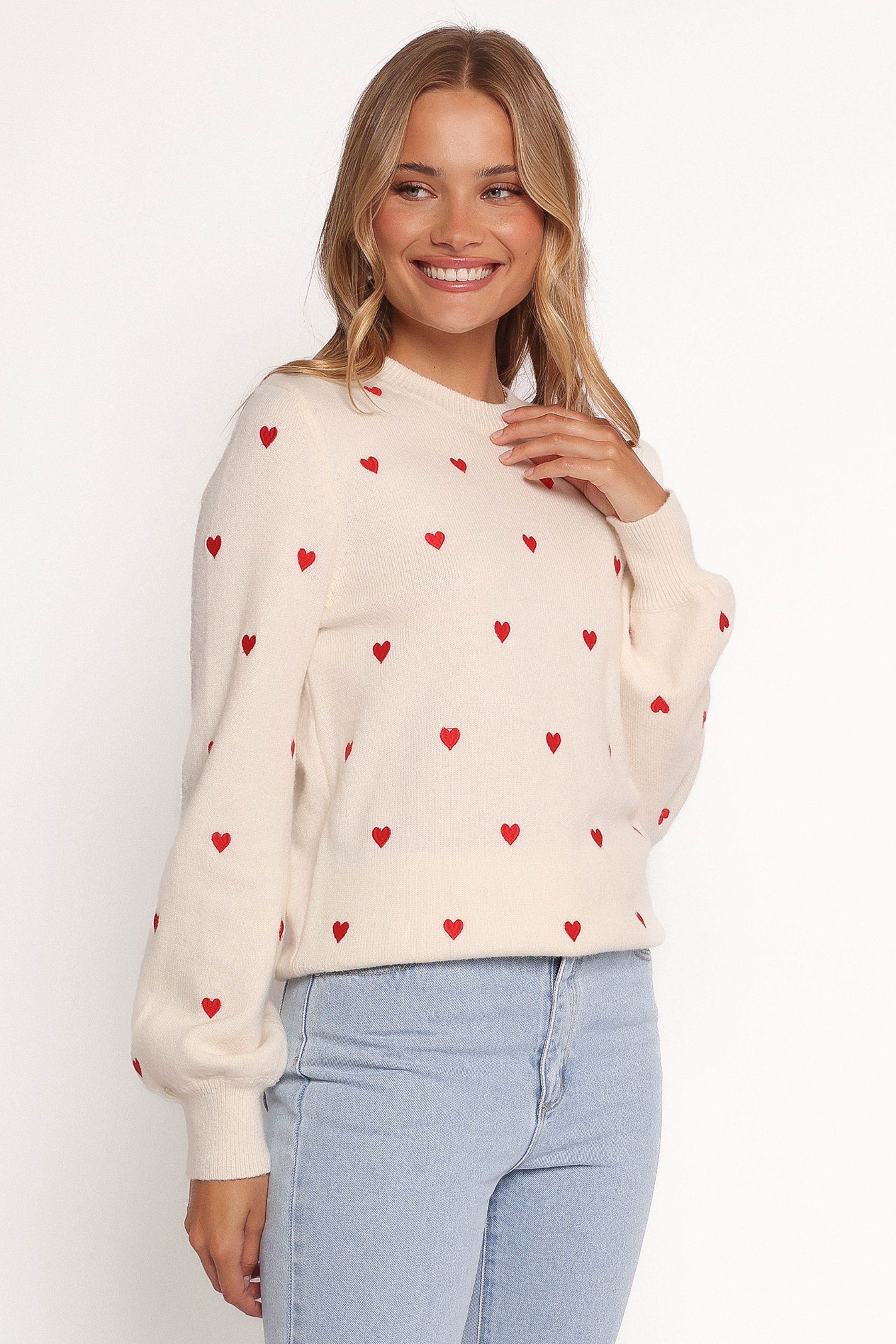 Petal and Pup USA KNITWEAR Xadie All Over Mini Heart Sweater - Cream/Red