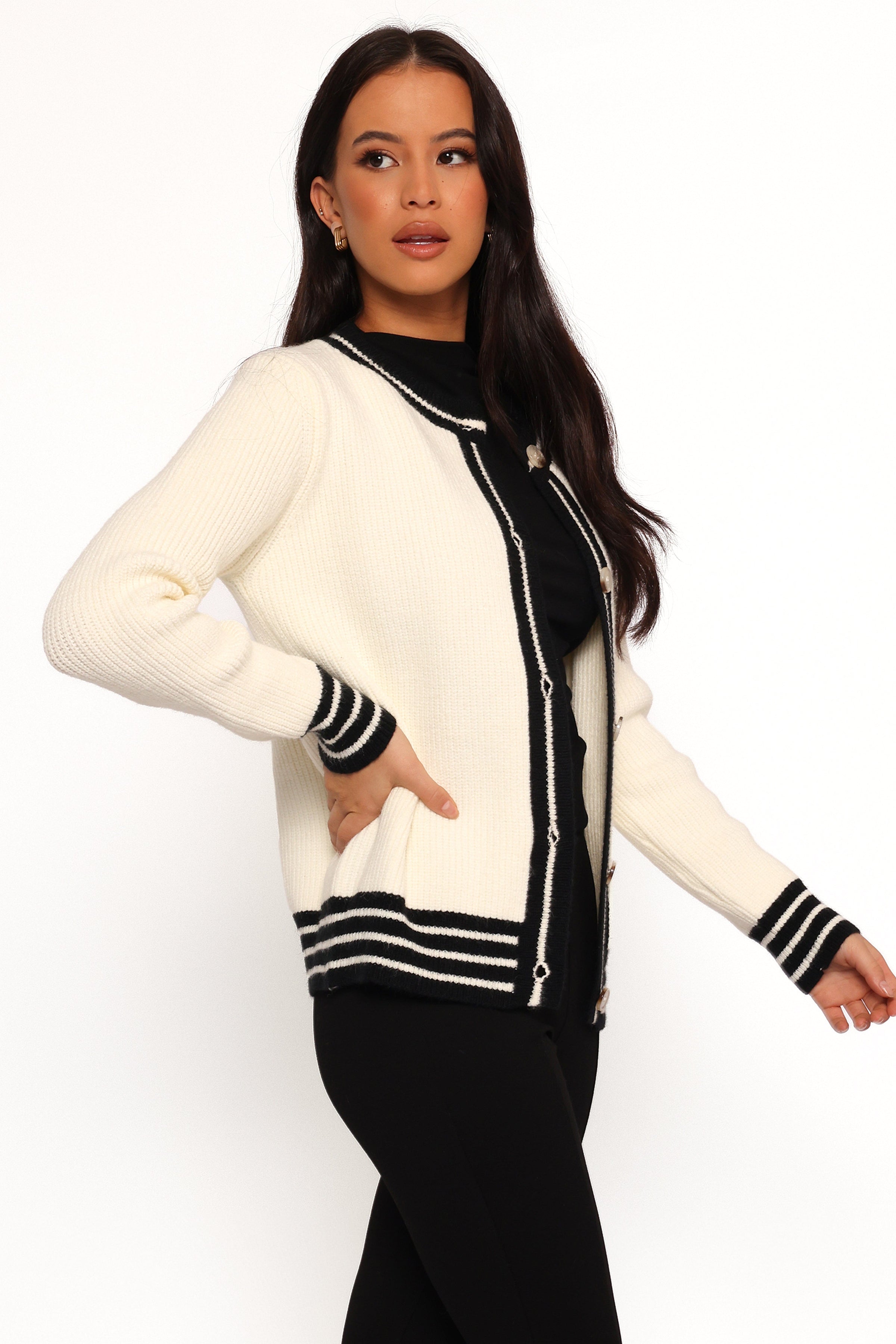 Petal and Pup USA KNITWEAR Yorkshire Contrast Hem Cardigan - Cream