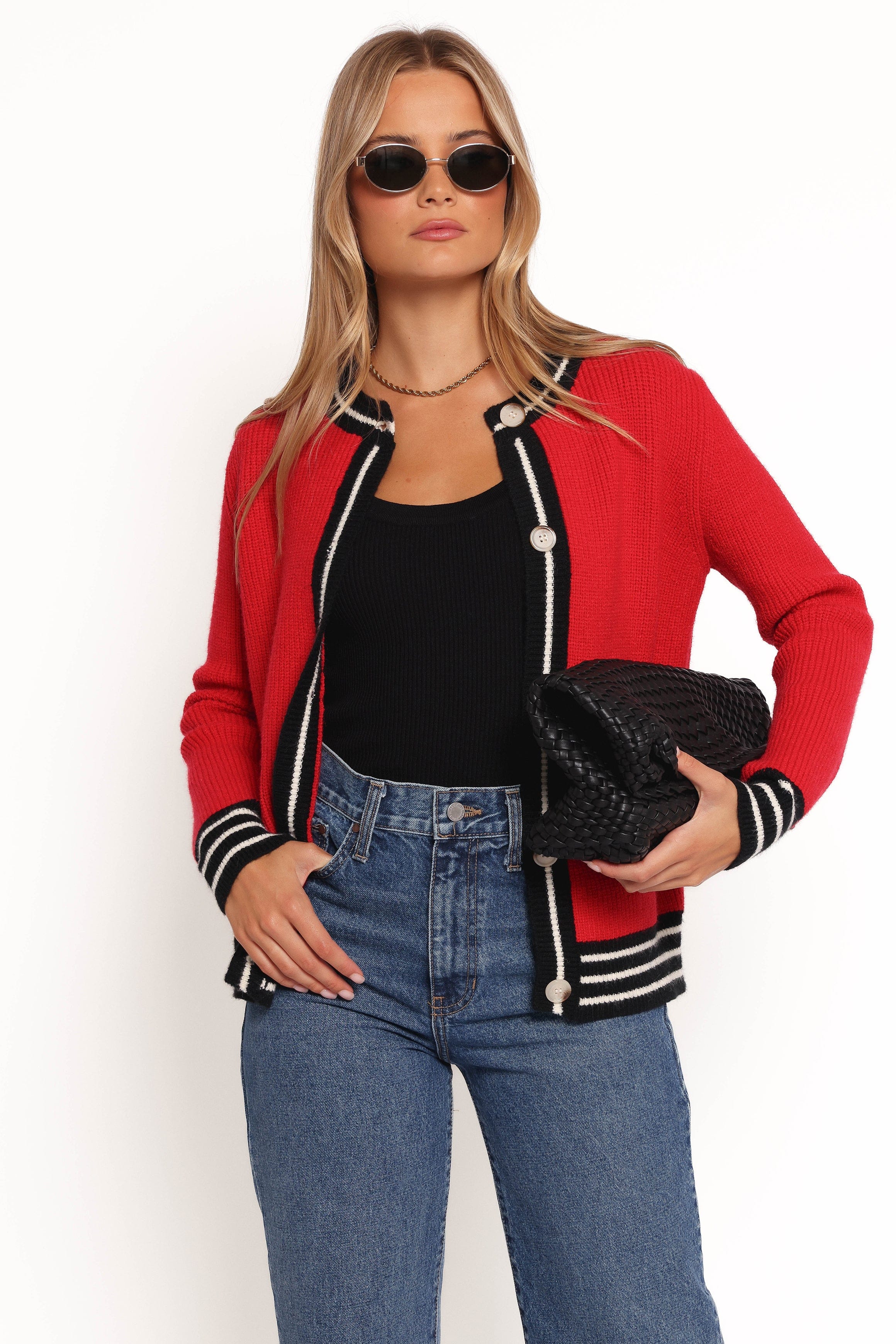 Petal and Pup USA KNITWEAR Yorkshire Contrast Hem Cardigan - Red